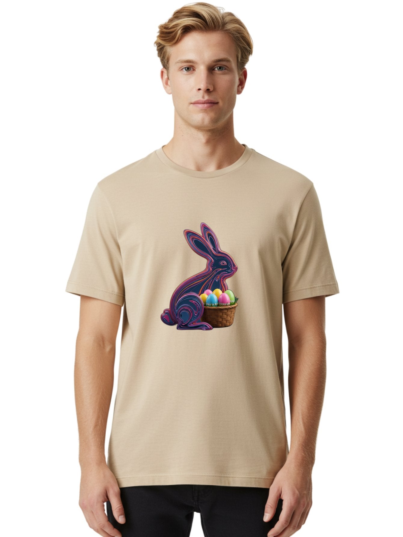 Easter-Bunny-1 Men'S Graphic Tee, 100% Cotton, Comfortable Casual Summer Wear, Machine Washable, Easter Bunny, Pastel Eggs, Colorful Eggs, Wicker Basket, Festive Decor, Spring Theme, Vibrant Colors, Holiday Symbol, Easter Eggs Baa597 24