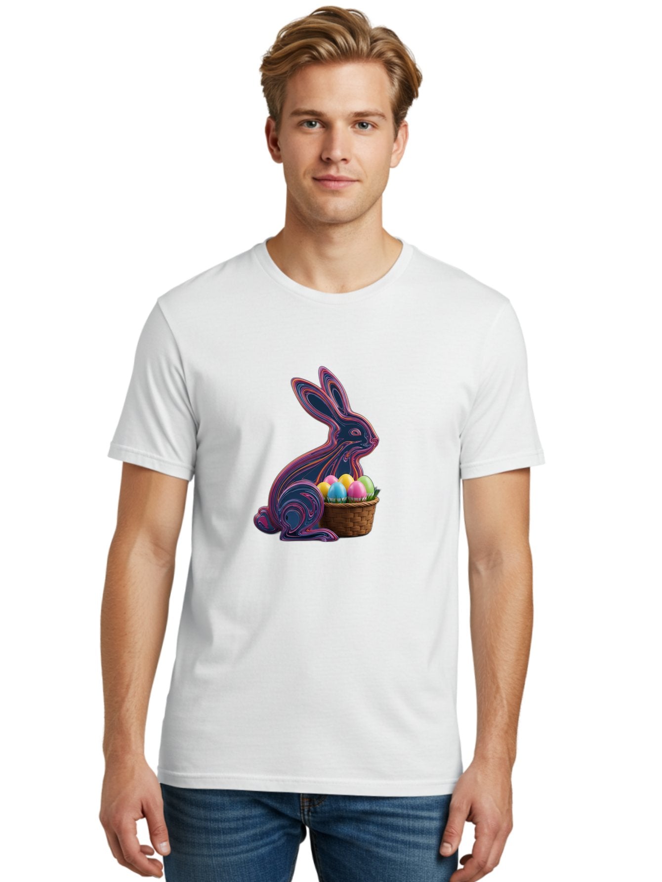 Easter-Bunny-1 Men'S Graphic Tee, 100% Cotton, Comfortable Casual Summer Wear, Machine Washable, Easter Bunny, Pastel Eggs, Colorful Eggs, Wicker Basket, Festive Decor, Spring Theme, Vibrant Colors, Holiday Symbol, Easter Eggs Baa597 18