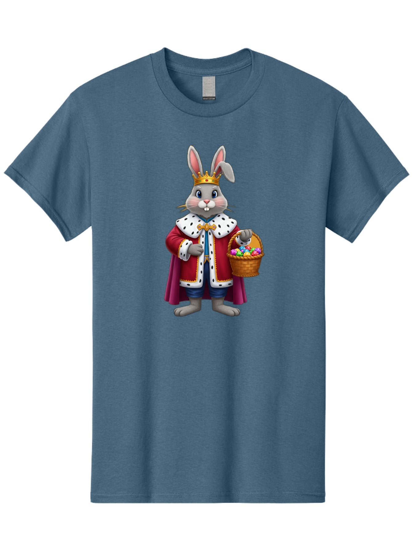 Easter-Bunny-King Men'S Graphic Tee, 100% Cotton, Comfortable Casual Summer Wear, Machine Washable, Easter Bunny With Crown, Royal Easter Bunny, Easter Eggs In Basket, Colorful Eggs, Festive Easter Scene, Cartoon Bunny Character, Baa598 5