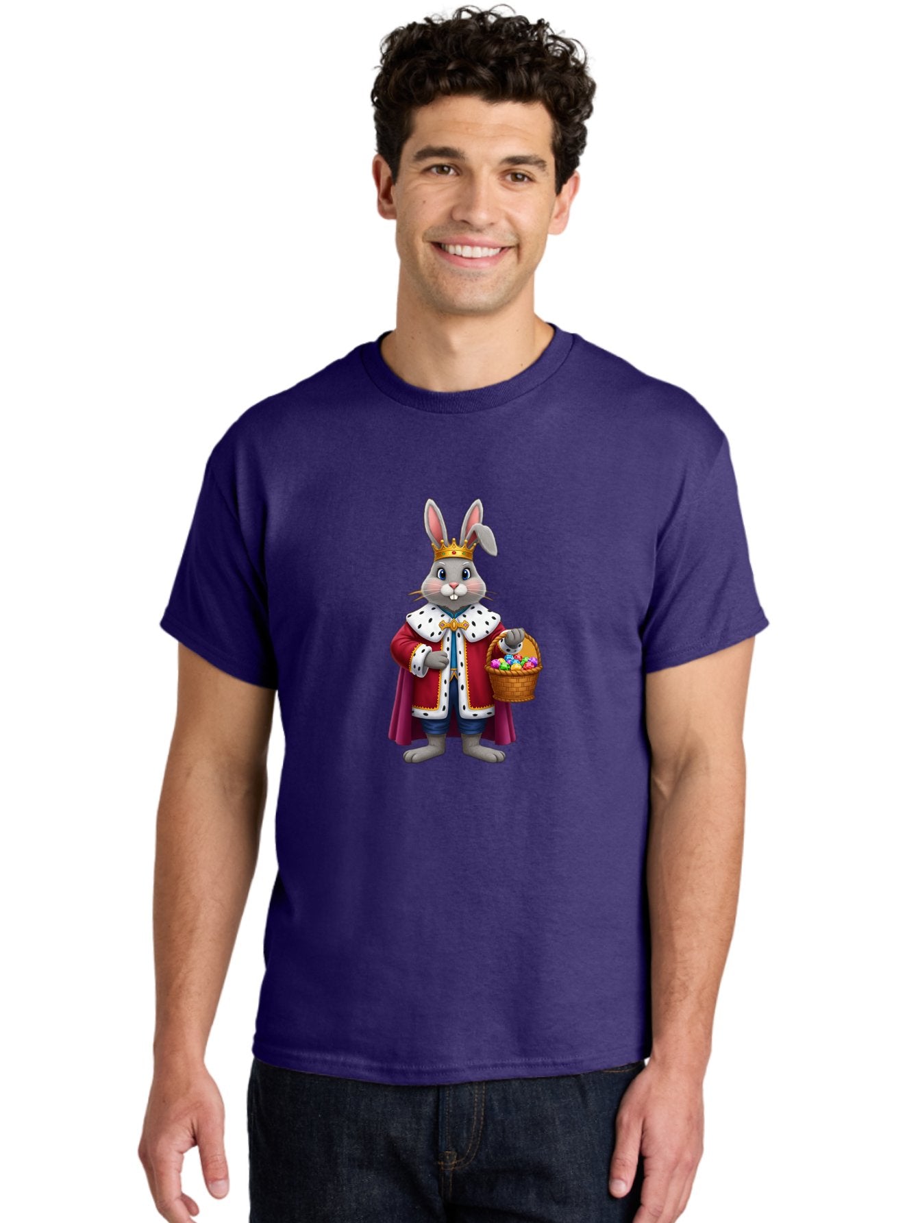 Easter-Bunny-King Men'S Graphic Tee, 100% Cotton, Comfortable Casual Summer Wear, Machine Washable, Easter Bunny With Crown, Royal Easter Bunny, Easter Eggs In Basket, Colorful Eggs, Festive Easter Scene, Cartoon Bunny Character, Baa598 21