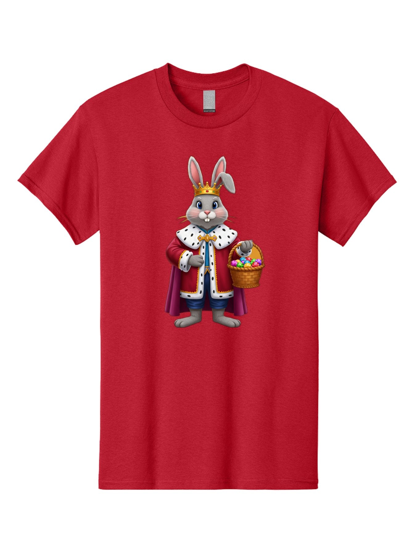 Easter-Bunny-King Men'S Graphic Tee, 100% Cotton, Comfortable Casual Summer Wear, Machine Washable, Easter Bunny With Crown, Royal Easter Bunny, Easter Eggs In Basket, Colorful Eggs, Festive Easter Scene, Cartoon Bunny Character, Baa598 3