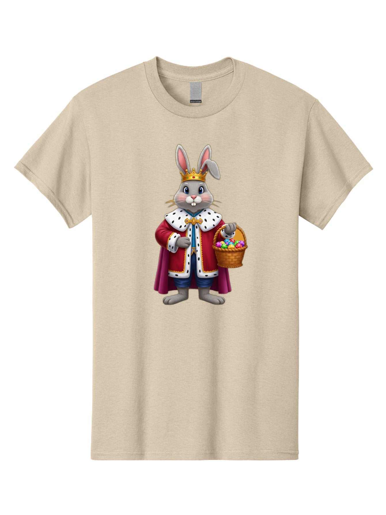 Easter-Bunny-King Men'S Graphic Tee, 100% Cotton, Comfortable Casual Summer Wear, Machine Washable, Easter Bunny With Crown, Royal Easter Bunny, Easter Eggs In Basket, Colorful Eggs, Festive Easter Scene, Cartoon Bunny Character, Baa598