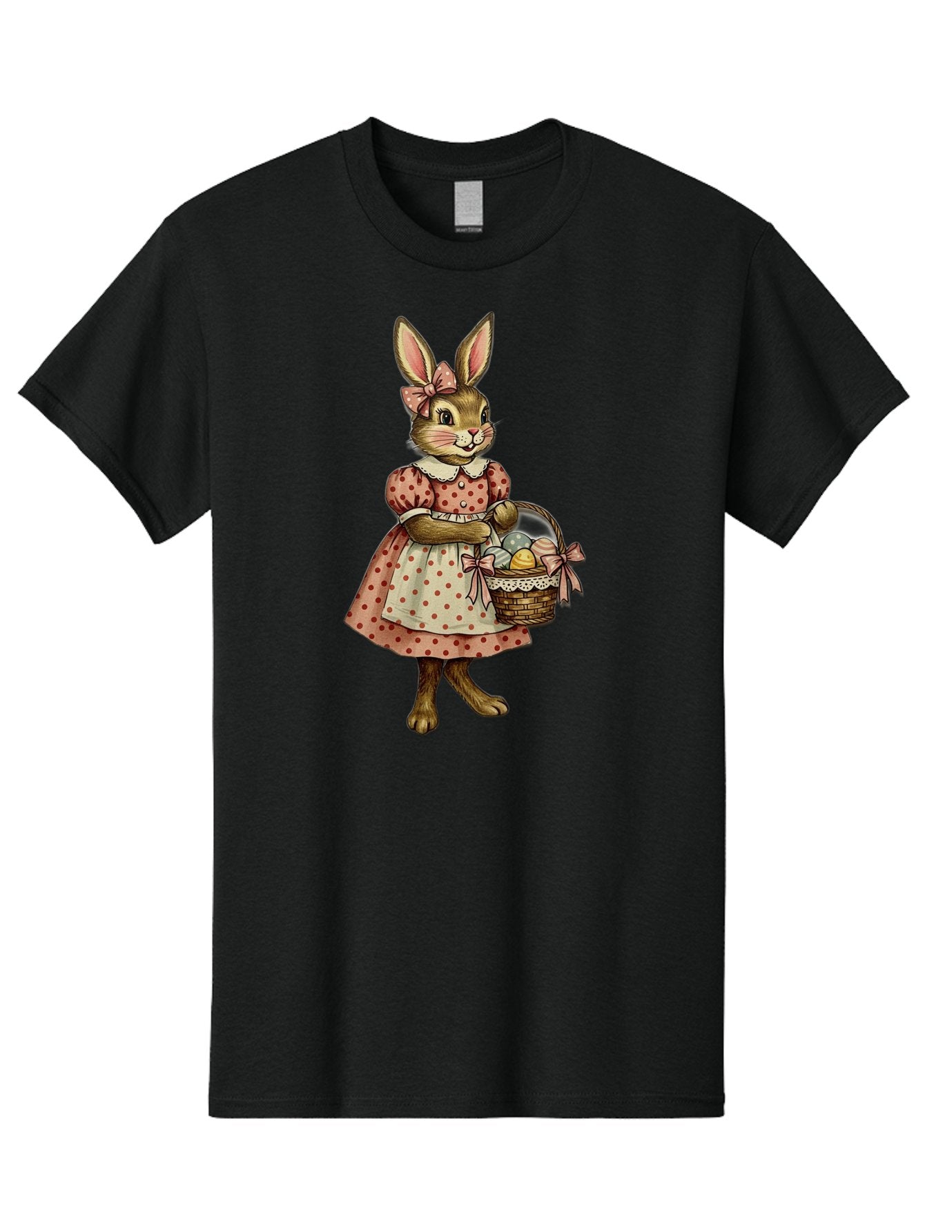 Easter-Bunny Men'S Graphic Tee, 100% Cotton, Comfortable Casual Summer Wear, Machine Washable, Anthropomorphic Rabbit, Easter Eggs, Polka Dot Dress, Wicker Basket, Pastel Colors, Spring Season, Easter Celebration, Vintage Style, Baa599 5