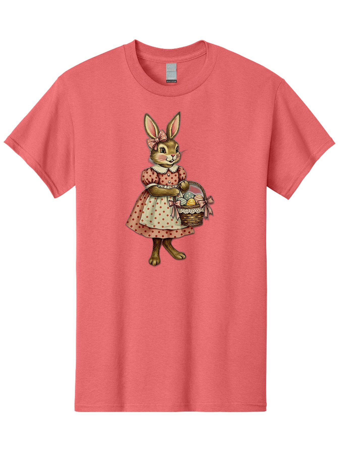 Easter-Bunny Men'S Graphic Tee, 100% Cotton, Comfortable Casual Summer Wear, Machine Washable, Anthropomorphic Rabbit, Easter Eggs, Polka Dot Dress, Wicker Basket, Pastel Colors, Spring Season, Easter Celebration, Vintage Style, Baa599 8