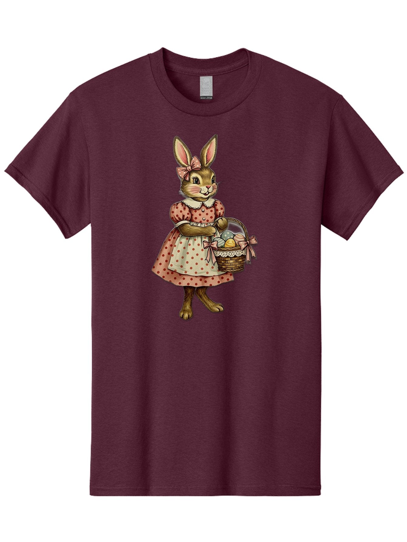 Easter-Bunny Men'S Graphic Tee, 100% Cotton, Comfortable Casual Summer Wear, Machine Washable, Anthropomorphic Rabbit, Easter Eggs, Polka Dot Dress, Wicker Basket, Pastel Colors, Spring Season, Easter Celebration, Vintage Style, Baa599