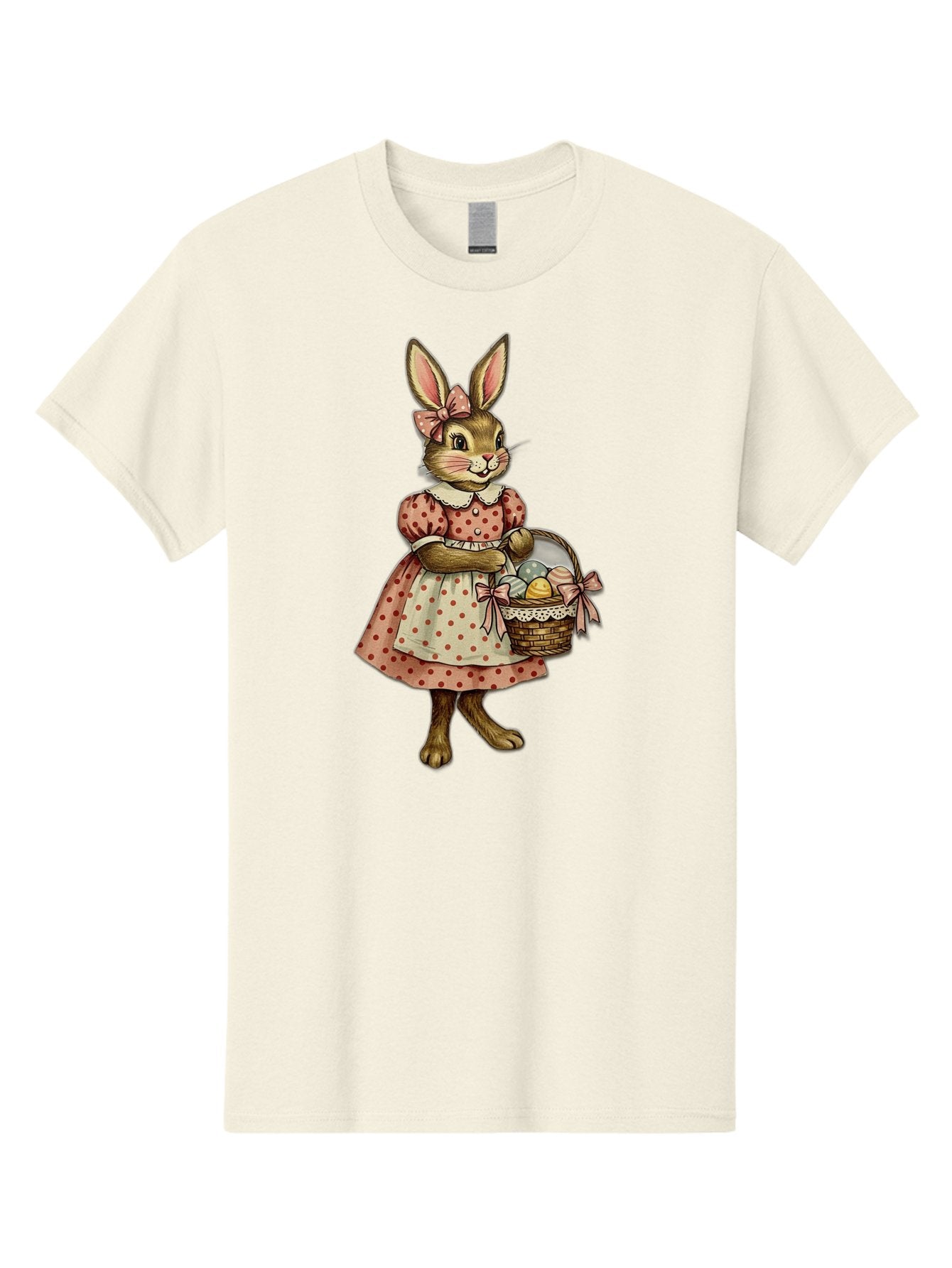 Easter-Bunny Men'S Graphic Tee, 100% Cotton, Comfortable Casual Summer Wear, Machine Washable, Anthropomorphic Rabbit, Easter Eggs, Polka Dot Dress, Wicker Basket, Pastel Colors, Spring Season, Easter Celebration, Vintage Style, Baa599 9
