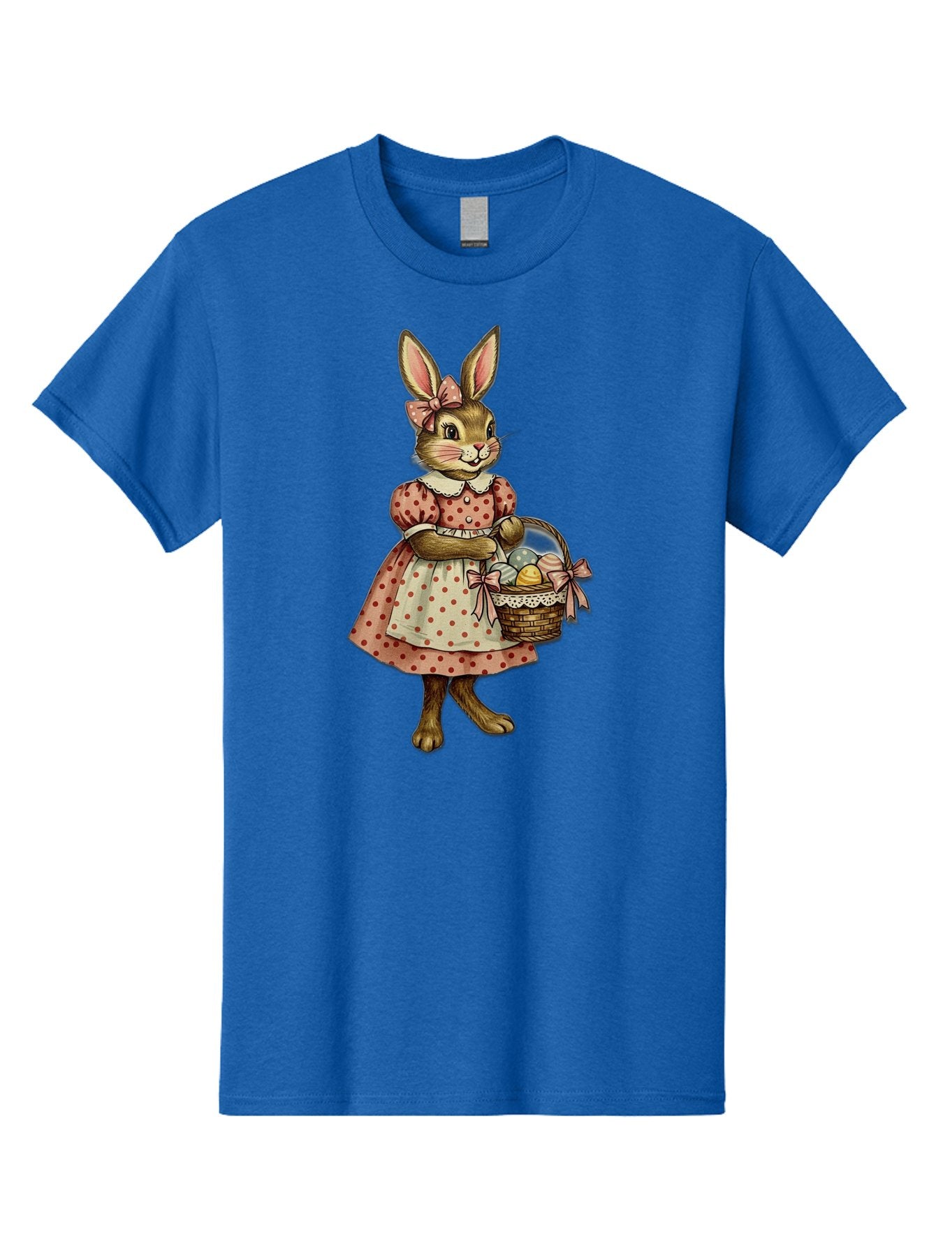Easter-Bunny Men'S Graphic Tee, 100% Cotton, Comfortable Casual Summer Wear, Machine Washable, Anthropomorphic Rabbit, Easter Eggs, Polka Dot Dress, Wicker Basket, Pastel Colors, Spring Season, Easter Celebration, Vintage Style, Baa599 10