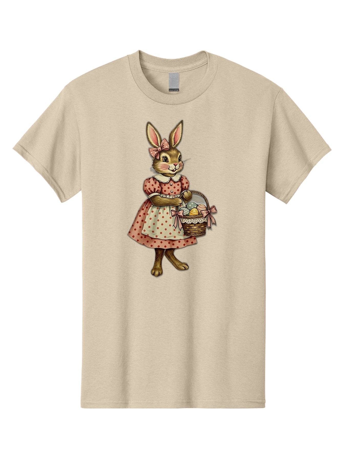 Easter-Bunny Men'S Graphic Tee, 100% Cotton, Comfortable Casual Summer Wear, Machine Washable, Anthropomorphic Rabbit, Easter Eggs, Polka Dot Dress, Wicker Basket, Pastel Colors, Spring Season, Easter Celebration, Vintage Style, Baa599 12