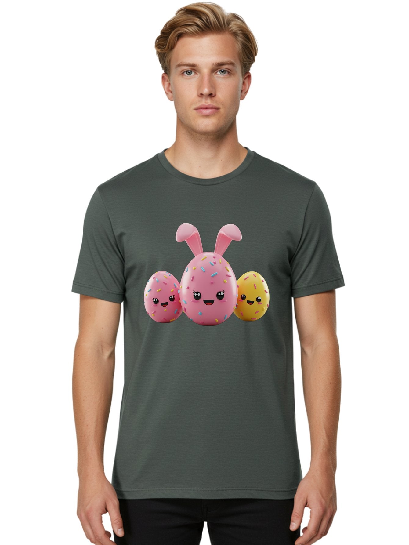 Easter-Egg-Characters Men'S Graphic Tee, 100% Cotton, Comfortable Casual Summer Wear, Machine Washable, Easter Eggs, Cartoon Characters, Smiling Faces, Sprinkles, Pastel Colors, 3D Rendering, Festive Vibe, Easter Celebration, Cute Eggs, Baa600 24