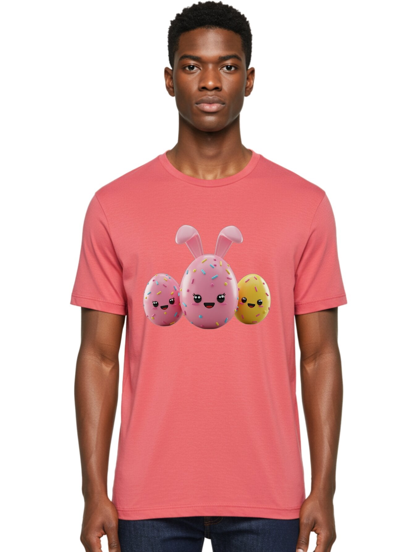 Easter-Egg-Characters Men'S Graphic Tee, 100% Cotton, Comfortable Casual Summer Wear, Machine Washable, Easter Eggs, Cartoon Characters, Smiling Faces, Sprinkles, Pastel Colors, 3D Rendering, Festive Vibe, Easter Celebration, Cute Eggs, Baa600 22
