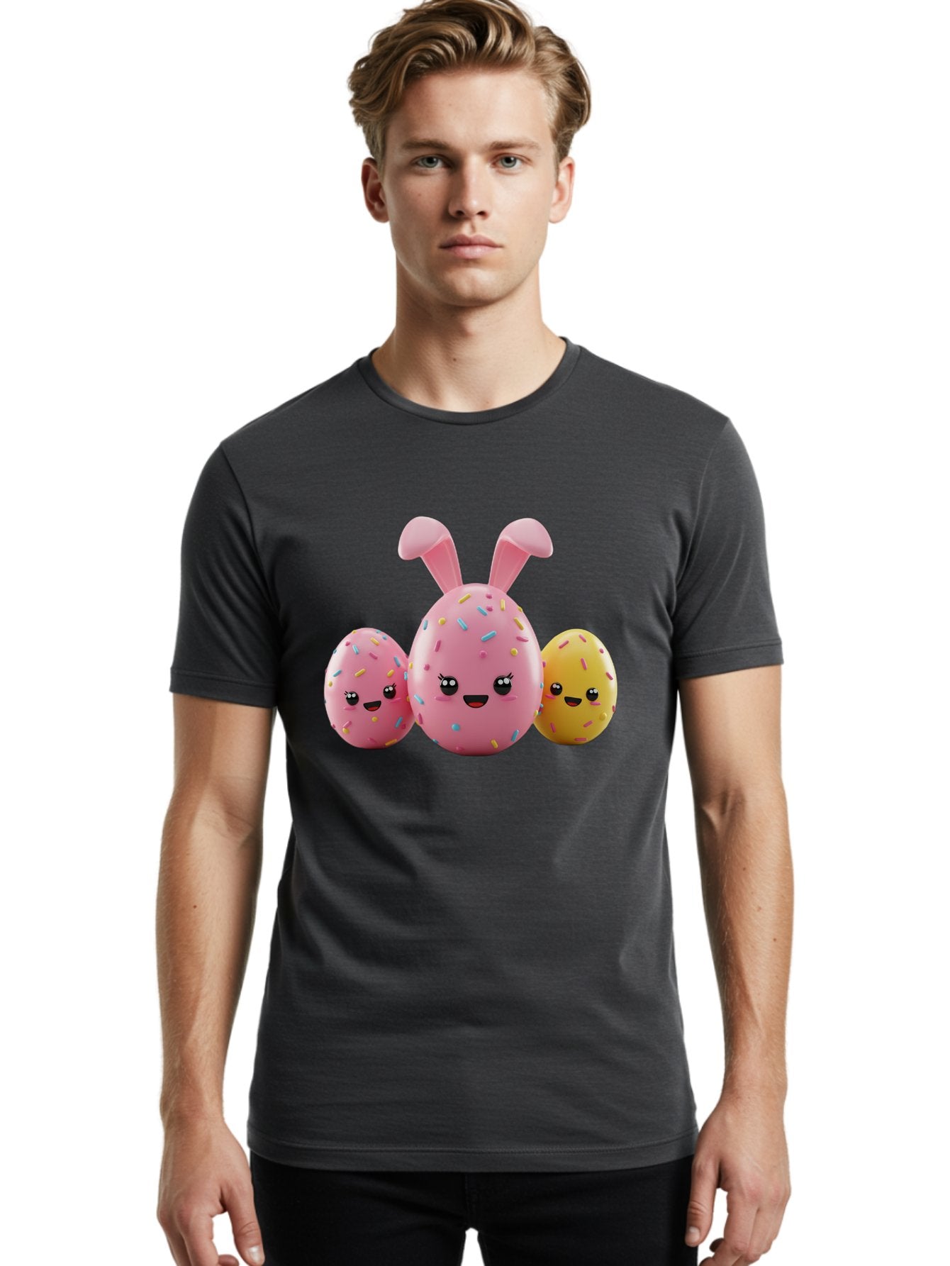 Easter-Egg-Characters Men'S Graphic Tee, 100% Cotton, Comfortable Casual Summer Wear, Machine Washable, Easter Eggs, Cartoon Characters, Smiling Faces, Sprinkles, Pastel Colors, 3D Rendering, Festive Vibe, Easter Celebration, Cute Eggs, Baa600 29