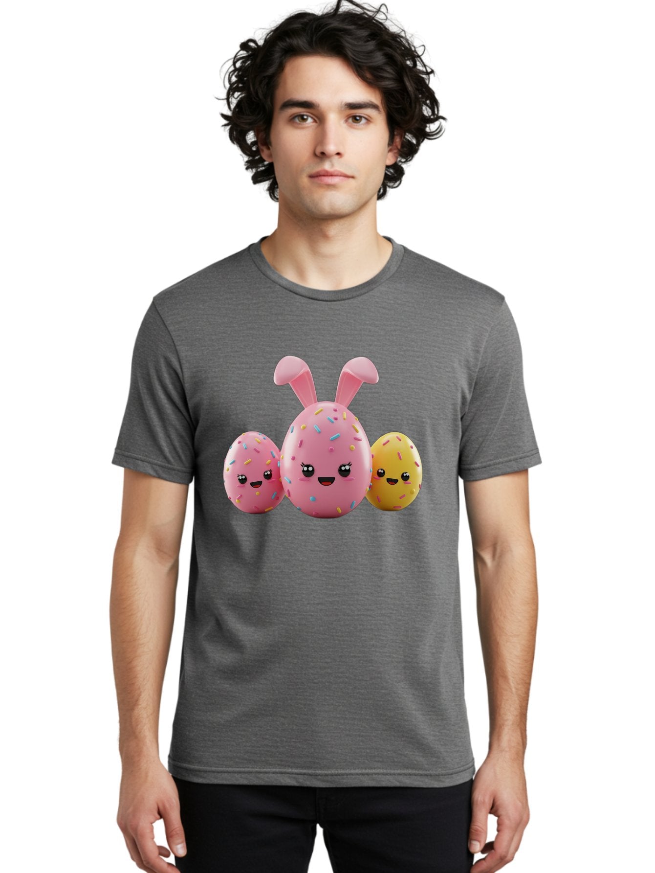 Easter-Egg-Characters Men'S Graphic Tee, 100% Cotton, Comfortable Casual Summer Wear, Machine Washable, Easter Eggs, Cartoon Characters, Smiling Faces, Sprinkles, Pastel Colors, 3D Rendering, Festive Vibe, Easter Celebration, Cute Eggs, Baa600 28