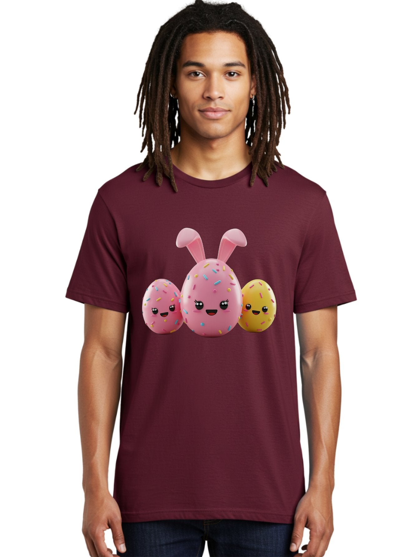 Easter-Egg-Characters Men'S Graphic Tee, 100% Cotton, Comfortable Casual Summer Wear, Machine Washable, Easter Eggs, Cartoon Characters, Smiling Faces, Sprinkles, Pastel Colors, 3D Rendering, Festive Vibe, Easter Celebration, Cute Eggs, Baa600 30