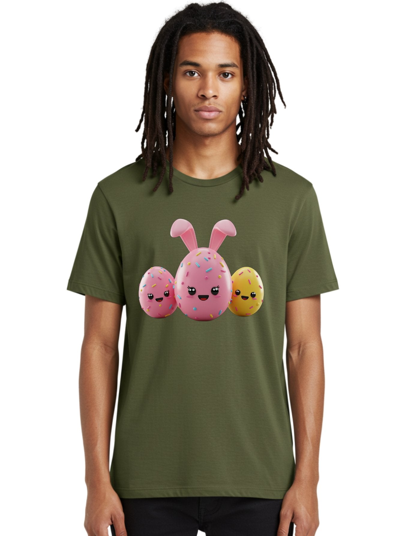 Easter-Egg-Characters Men'S Graphic Tee, 100% Cotton, Comfortable Casual Summer Wear, Machine Washable, Easter Eggs, Cartoon Characters, Smiling Faces, Sprinkles, Pastel Colors, 3D Rendering, Festive Vibe, Easter Celebration, Cute Eggs, Baa600 25