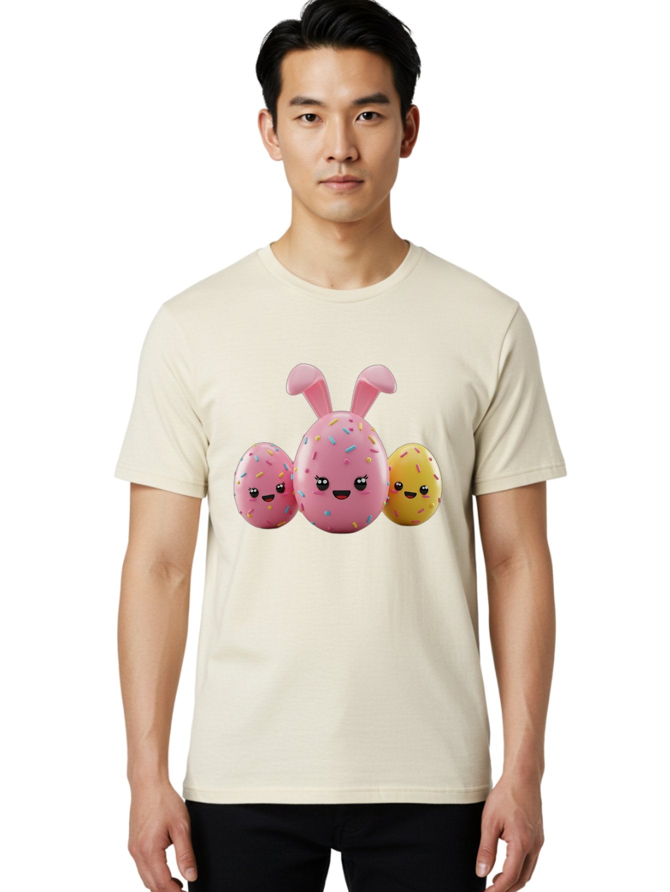 Easter-Egg-Characters Men'S Graphic Tee, 100% Cotton, Comfortable Casual Summer Wear, Machine Washable, Easter Eggs, Cartoon Characters, Smiling Faces, Sprinkles, Pastel Colors, 3D Rendering, Festive Vibe, Easter Celebration, Cute Eggs, Baa600 21