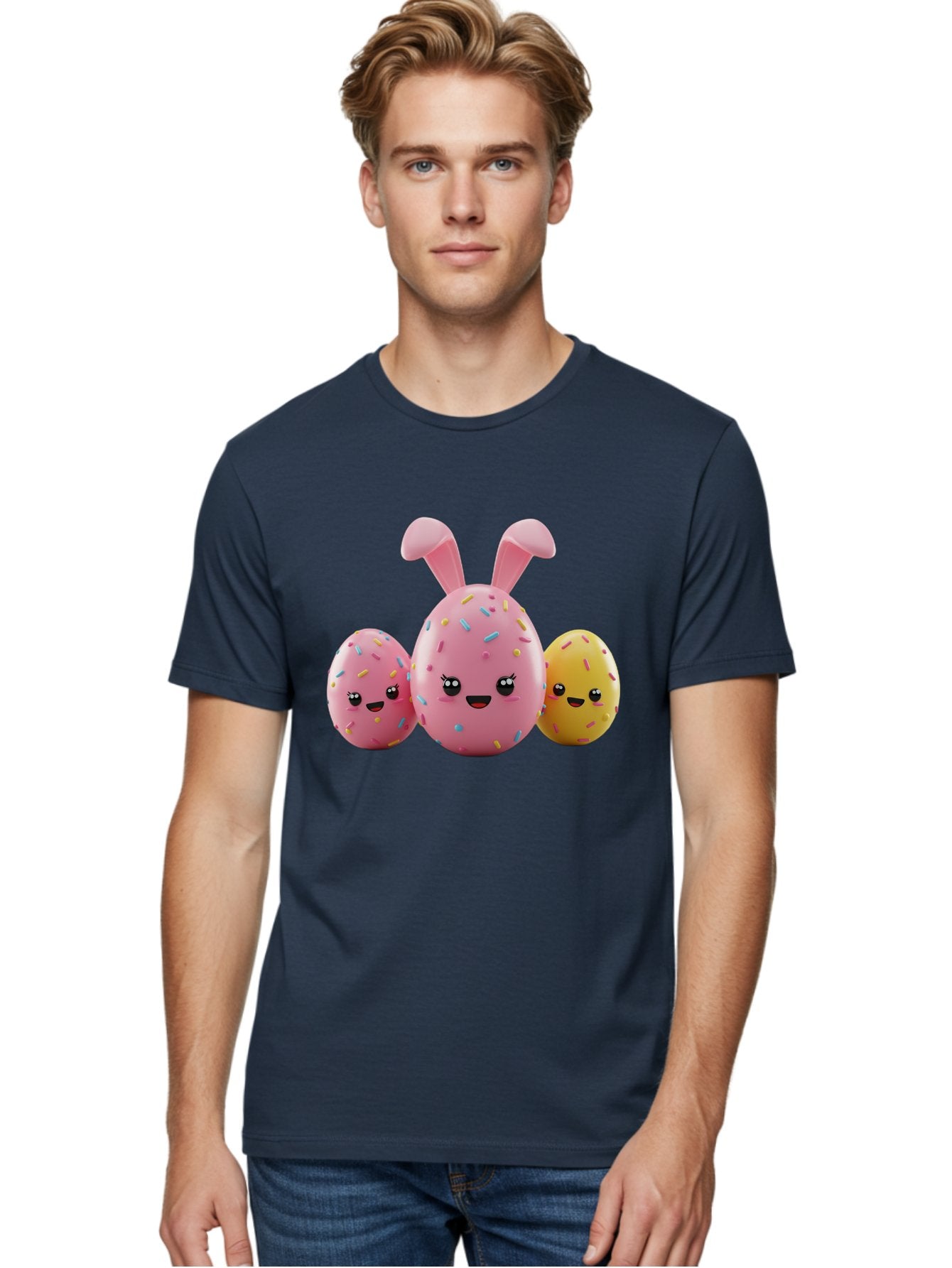 Easter-Egg-Characters Men'S Graphic Tee, 100% Cotton, Comfortable Casual Summer Wear, Machine Washable, Easter Eggs, Cartoon Characters, Smiling Faces, Sprinkles, Pastel Colors, 3D Rendering, Festive Vibe, Easter Celebration, Cute Eggs, Baa600 20