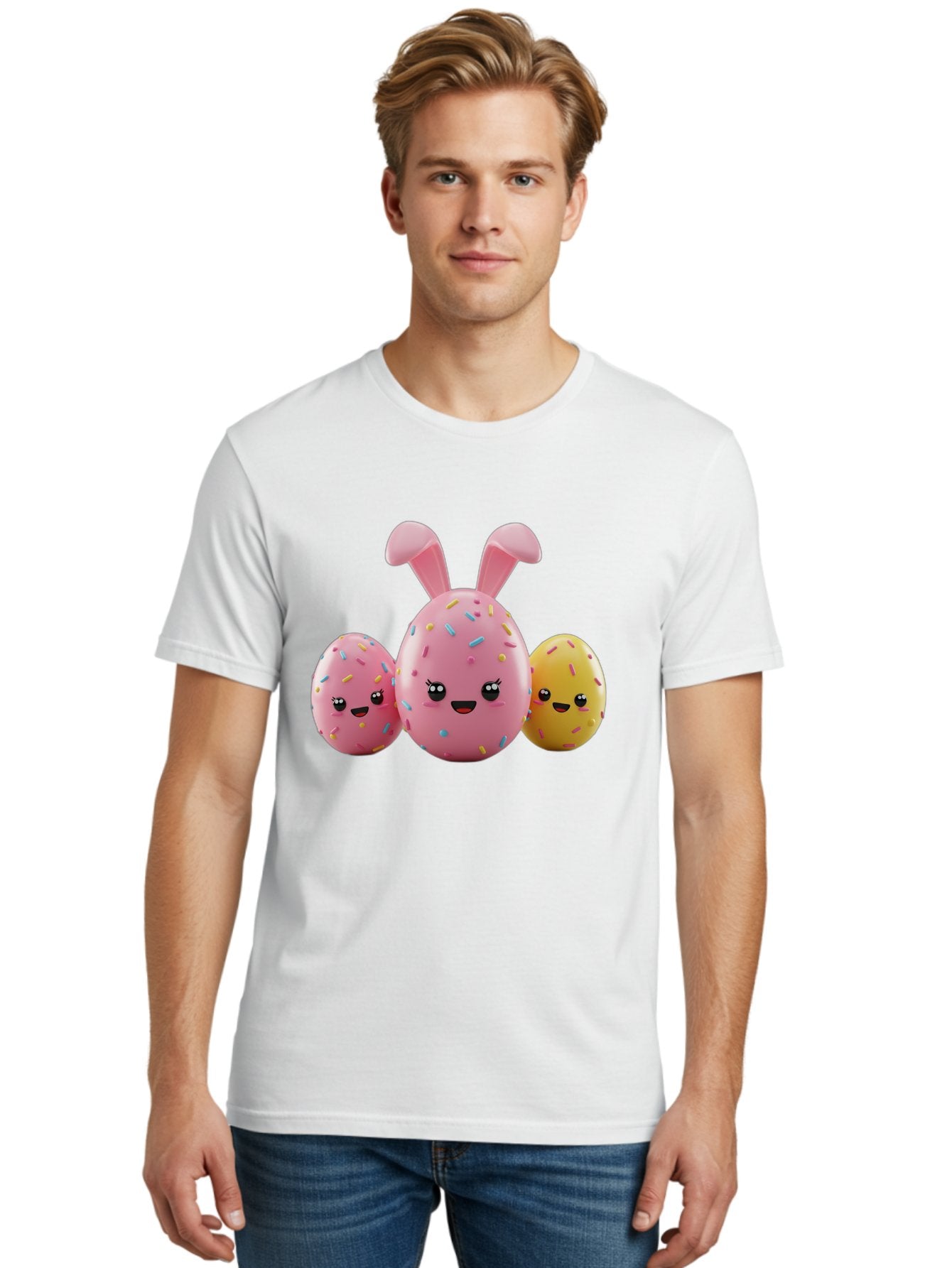 Easter-Egg-Characters Men'S Graphic Tee, 100% Cotton, Comfortable Casual Summer Wear, Machine Washable, Easter Eggs, Cartoon Characters, Smiling Faces, Sprinkles, Pastel Colors, 3D Rendering, Festive Vibe, Easter Celebration, Cute Eggs, Baa600 19