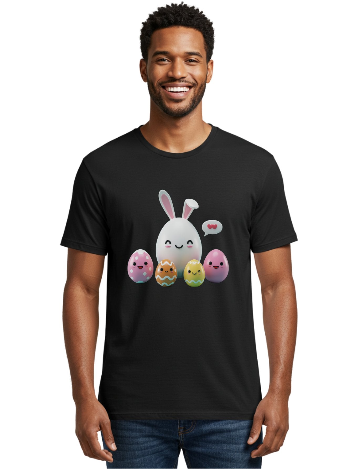 Easter-Egg-Friends Men'S Graphic Tee, 100% Cotton, Comfortable Casual Summer Wear, Machine Washable, Easter Eggs, Cartoon Eggs, Decorated Eggs, Cute Eggs, Egg Characters, Happy Easter, Pink Eggs, White Bunny, Cartoon Bunny, Easter Theme, Baa601 25