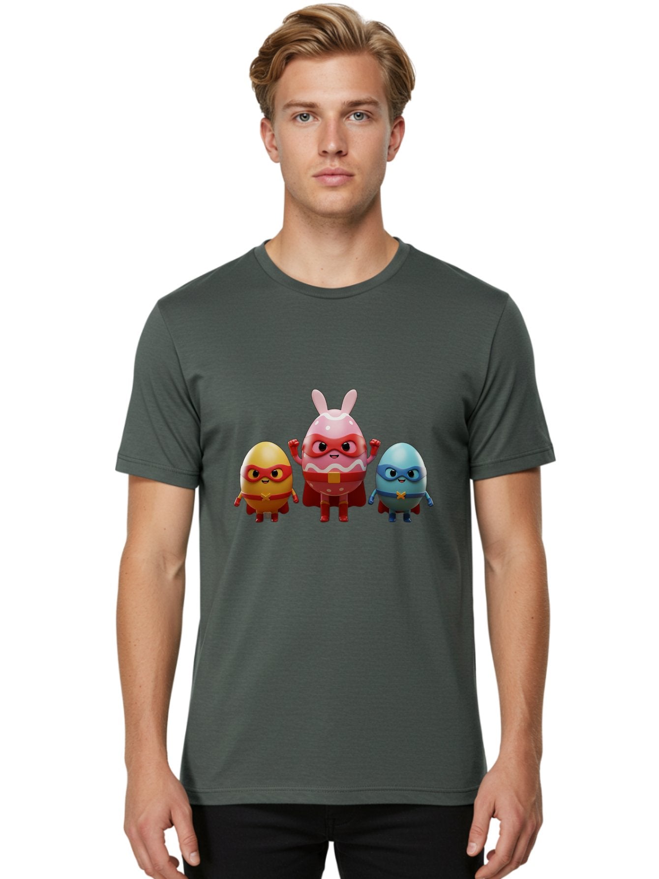 Easter-Egg-Heroes Men'S Graphic Tee, 100% Cotton, Comfortable Casual Summer Wear, Machine Washable, Cartoon Eggs, Superhero Eggs, Easter Eggs, Egg Characters, Superhero Costumes, Colorful Eggs, Fun Characters, Egg Mascots, Dynamic Duo, Baa602 18