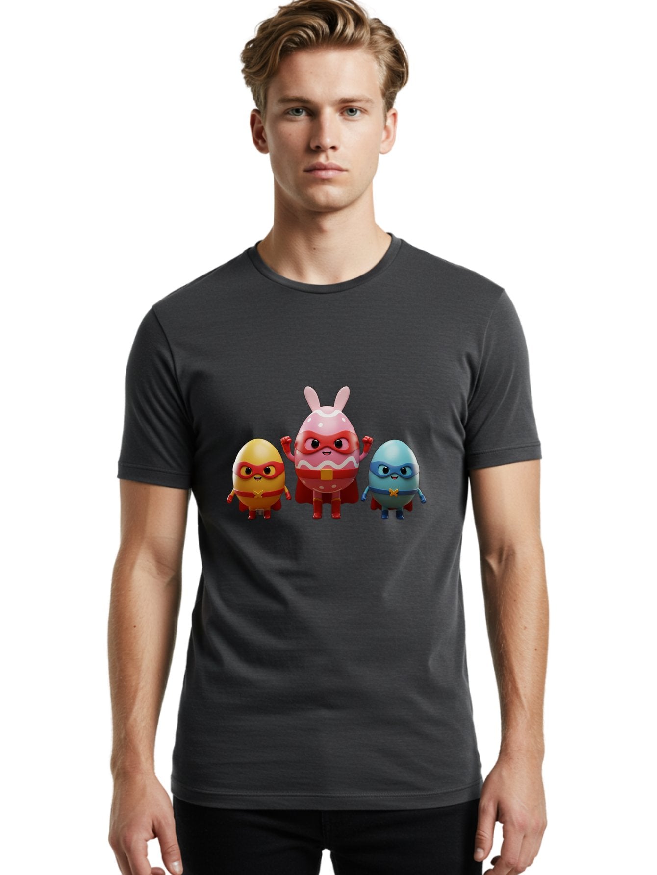 Easter-Egg-Heroes Men'S Graphic Tee, 100% Cotton, Comfortable Casual Summer Wear, Machine Washable, Cartoon Eggs, Superhero Eggs, Easter Eggs, Egg Characters, Superhero Costumes, Colorful Eggs, Fun Characters, Egg Mascots, Dynamic Duo, Baa602 23