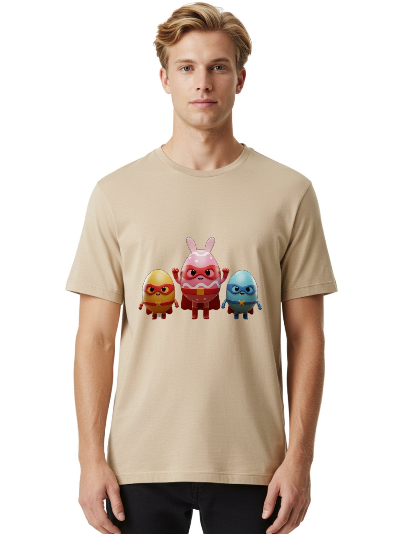 Easter-Egg-Heroes Men'S Graphic Tee, 100% Cotton, Comfortable Casual Summer Wear, Machine Washable, Cartoon Eggs, Superhero Eggs, Easter Eggs, Egg Characters, Superhero Costumes, Colorful Eggs, Fun Characters, Egg Mascots, Dynamic Duo, Baa602 20