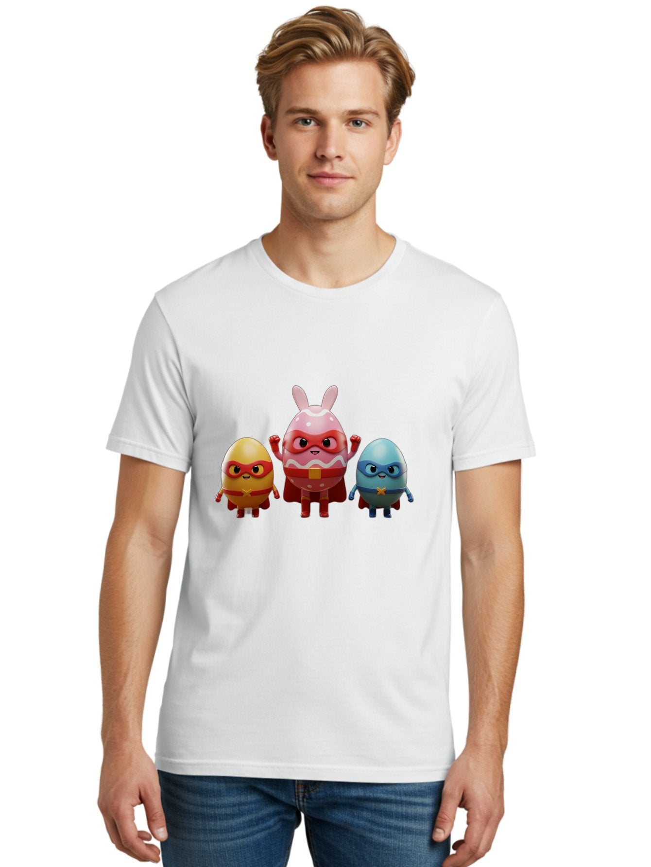 Easter-Egg-Heroes Men'S Graphic Tee, 100% Cotton, Comfortable Casual Summer Wear, Machine Washable, Cartoon Eggs, Superhero Eggs, Easter Eggs, Egg Characters, Superhero Costumes, Colorful Eggs, Fun Characters, Egg Mascots, Dynamic Duo, Baa602 21