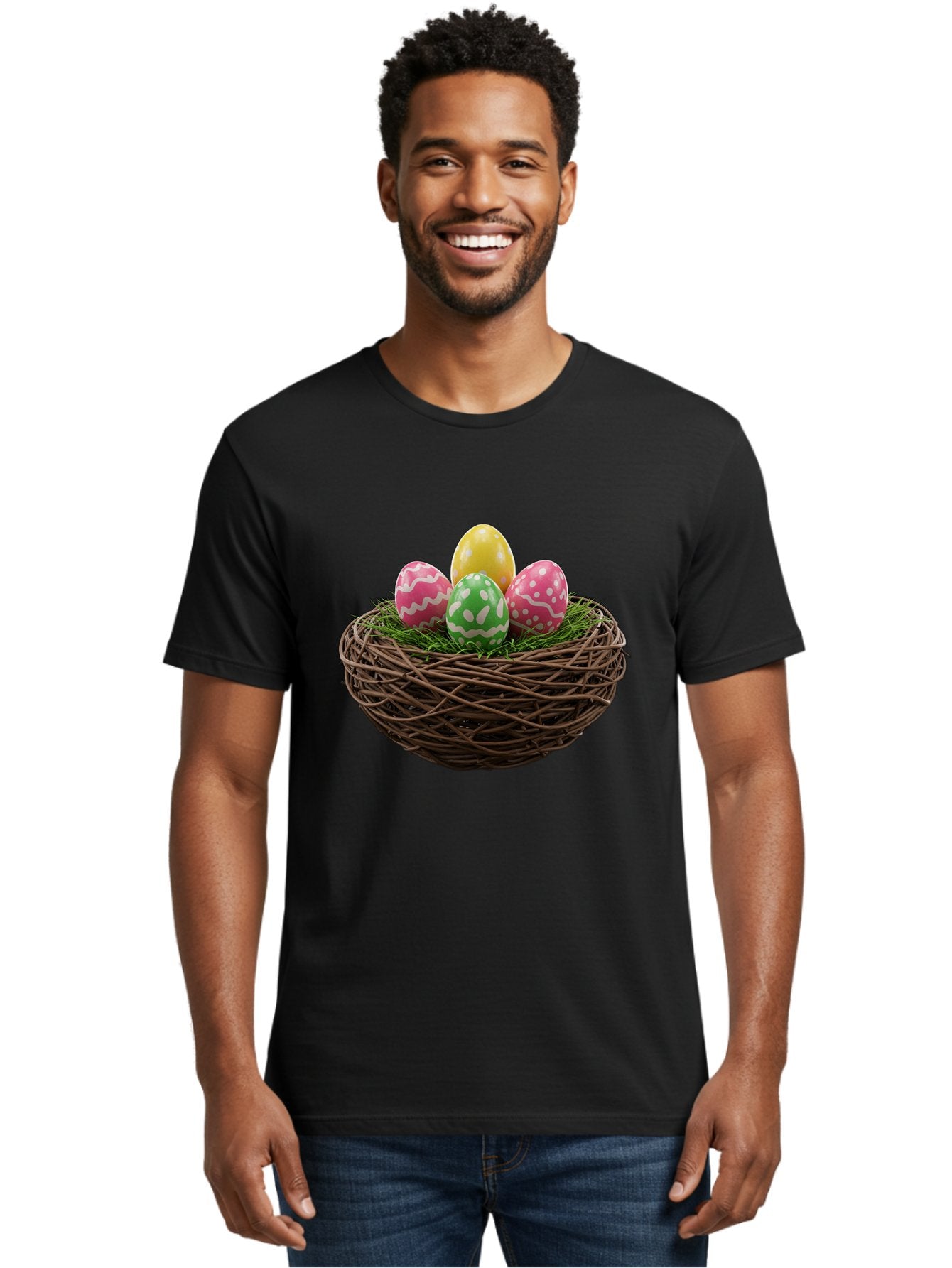 Easter-Eggs-10 Men'S Graphic Tee, 100% Cotton, Comfortable Casual Summer Wear, Machine Washable, Easter Eggs, Decorated Eggs, Wicker Nest, Springtime Decor, Holiday Celebration, Festive Colors, Pink, Green, And Yellow Eggs, Easter Tradition, Baa604 20