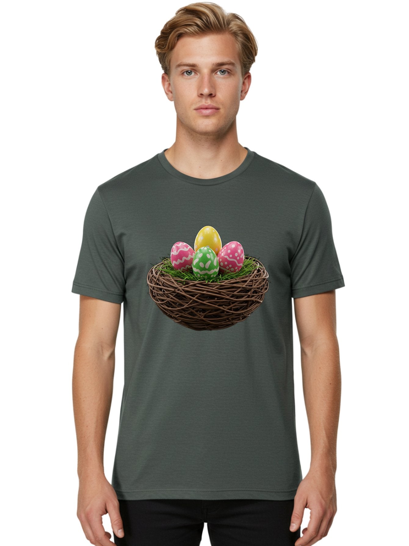 Easter-Eggs-10 Men'S Graphic Tee, 100% Cotton, Comfortable Casual Summer Wear, Machine Washable, Easter Eggs, Decorated Eggs, Wicker Nest, Springtime Decor, Holiday Celebration, Festive Colors, Pink, Green, And Yellow Eggs, Easter Tradition, Baa604 21