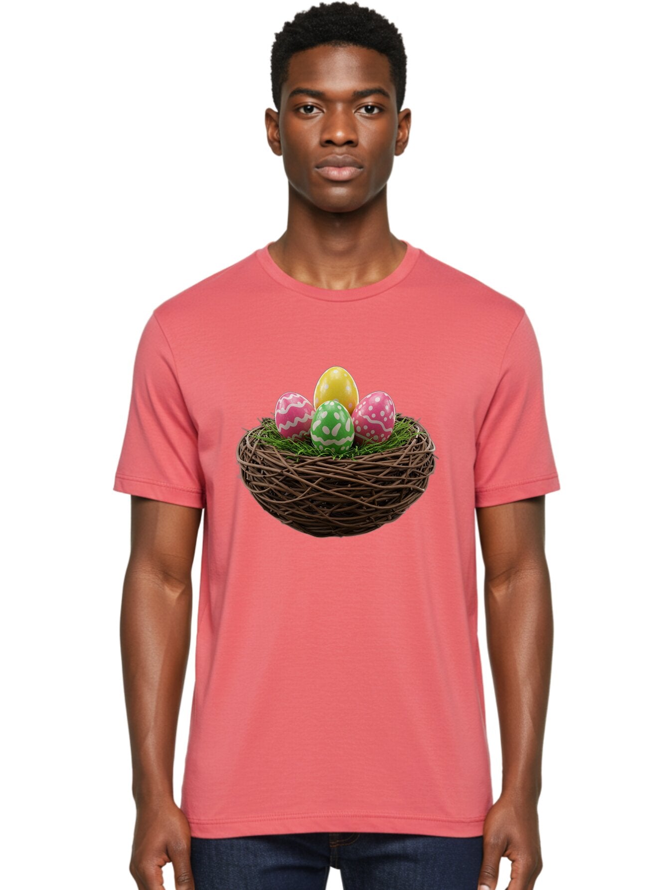 Easter-Eggs-10 Men'S Graphic Tee, 100% Cotton, Comfortable Casual Summer Wear, Machine Washable, Easter Eggs, Decorated Eggs, Wicker Nest, Springtime Decor, Holiday Celebration, Festive Colors, Pink, Green, And Yellow Eggs, Easter Tradition, Baa604 24
