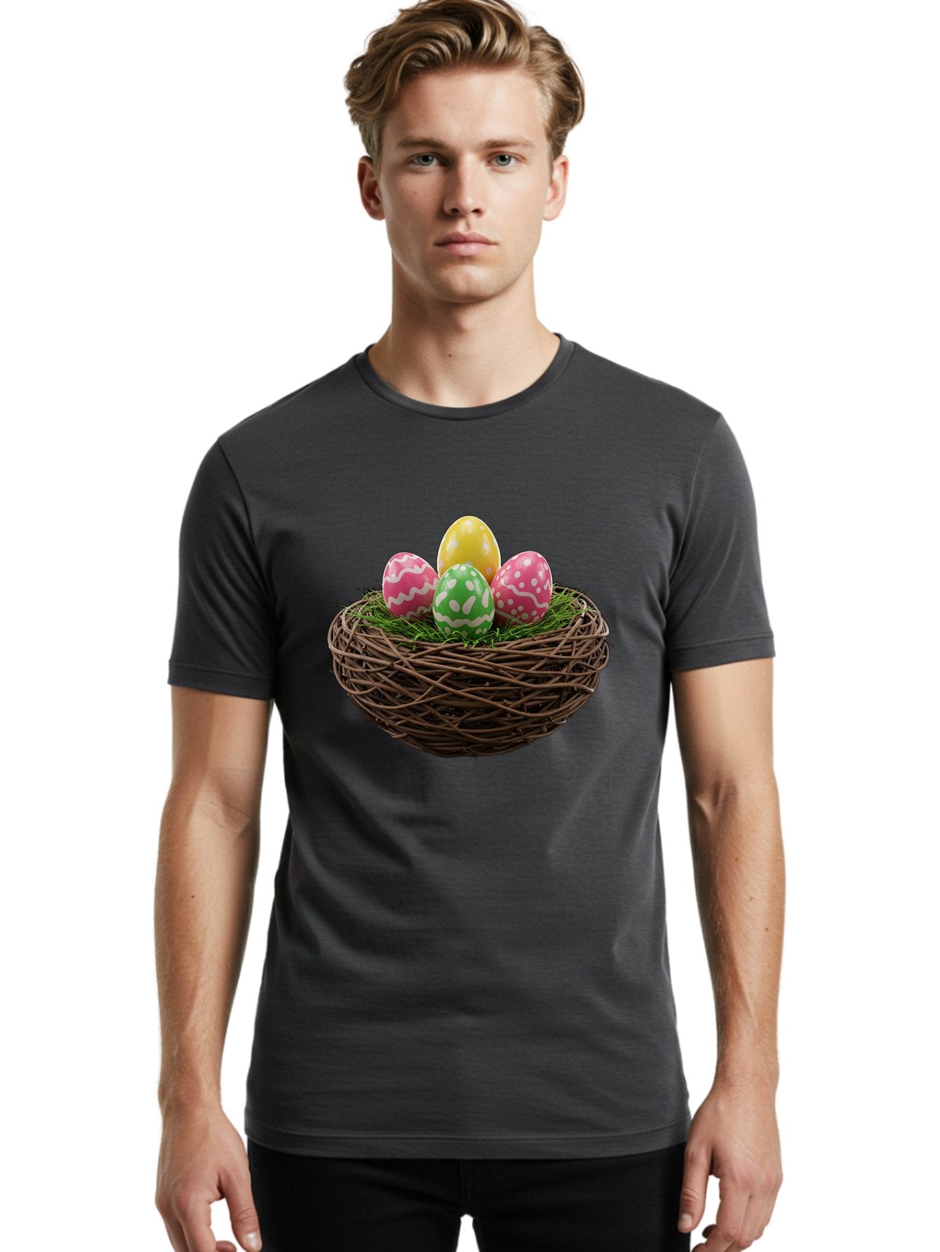 Easter-Eggs-10 Men'S Graphic Tee, 100% Cotton, Comfortable Casual Summer Wear, Machine Washable, Easter Eggs, Decorated Eggs, Wicker Nest, Springtime Decor, Holiday Celebration, Festive Colors, Pink, Green, And Yellow Eggs, Easter Tradition, Baa604 28