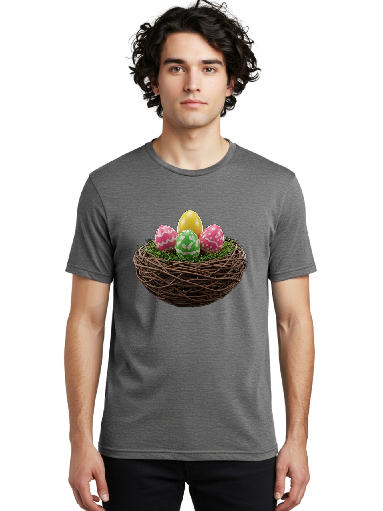 Easter-Eggs-10 Men'S Graphic Tee, 100% Cotton, Comfortable Casual Summer Wear, Machine Washable, Easter Eggs, Decorated Eggs, Wicker Nest, Springtime Decor, Holiday Celebration, Festive Colors, Pink, Green, And Yellow Eggs, Easter Tradition, Baa604 29