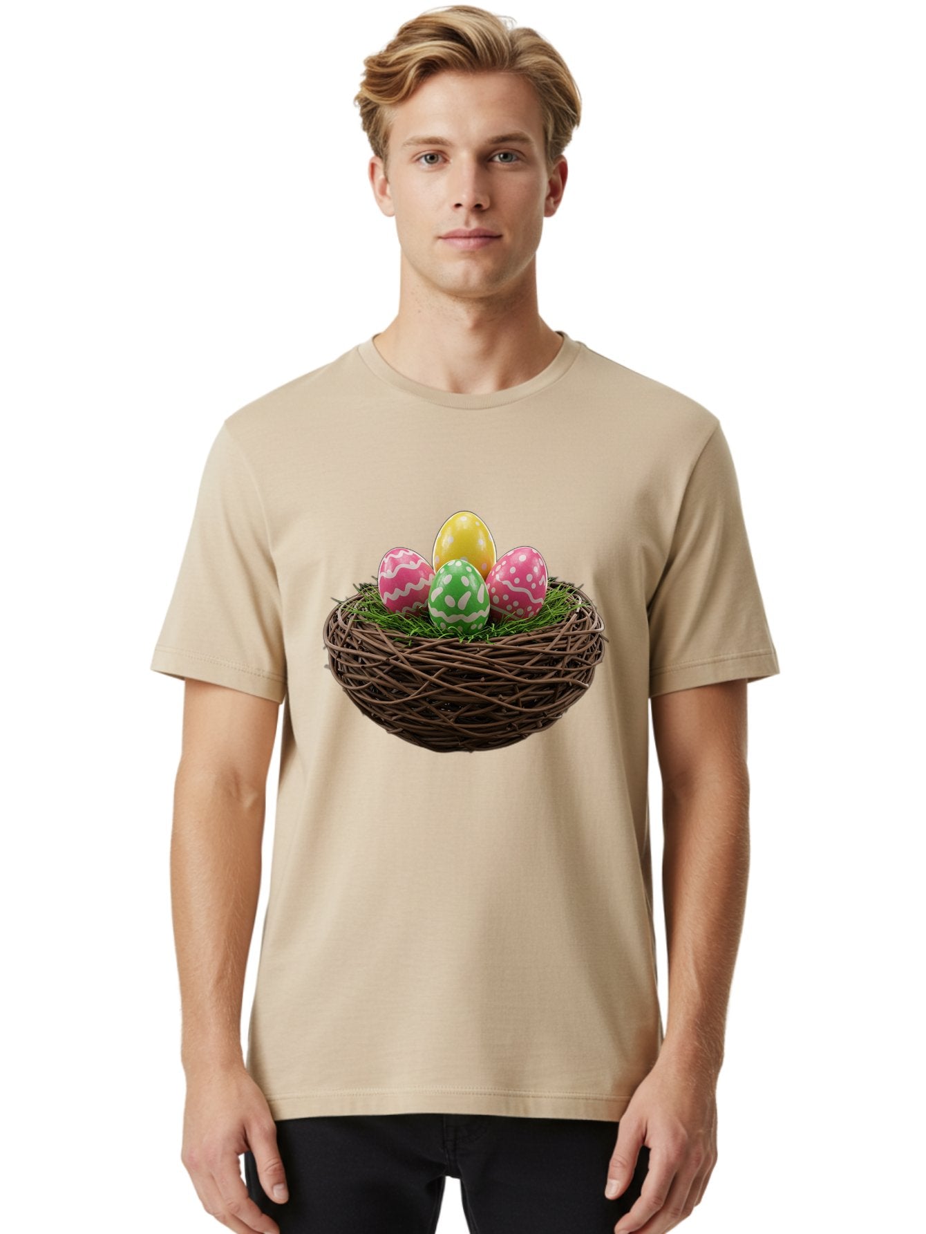 Easter-Eggs-10 Men'S Graphic Tee, 100% Cotton, Comfortable Casual Summer Wear, Machine Washable, Easter Eggs, Decorated Eggs, Wicker Nest, Springtime Decor, Holiday Celebration, Festive Colors, Pink, Green, And Yellow Eggs, Easter Tradition, Baa604 18