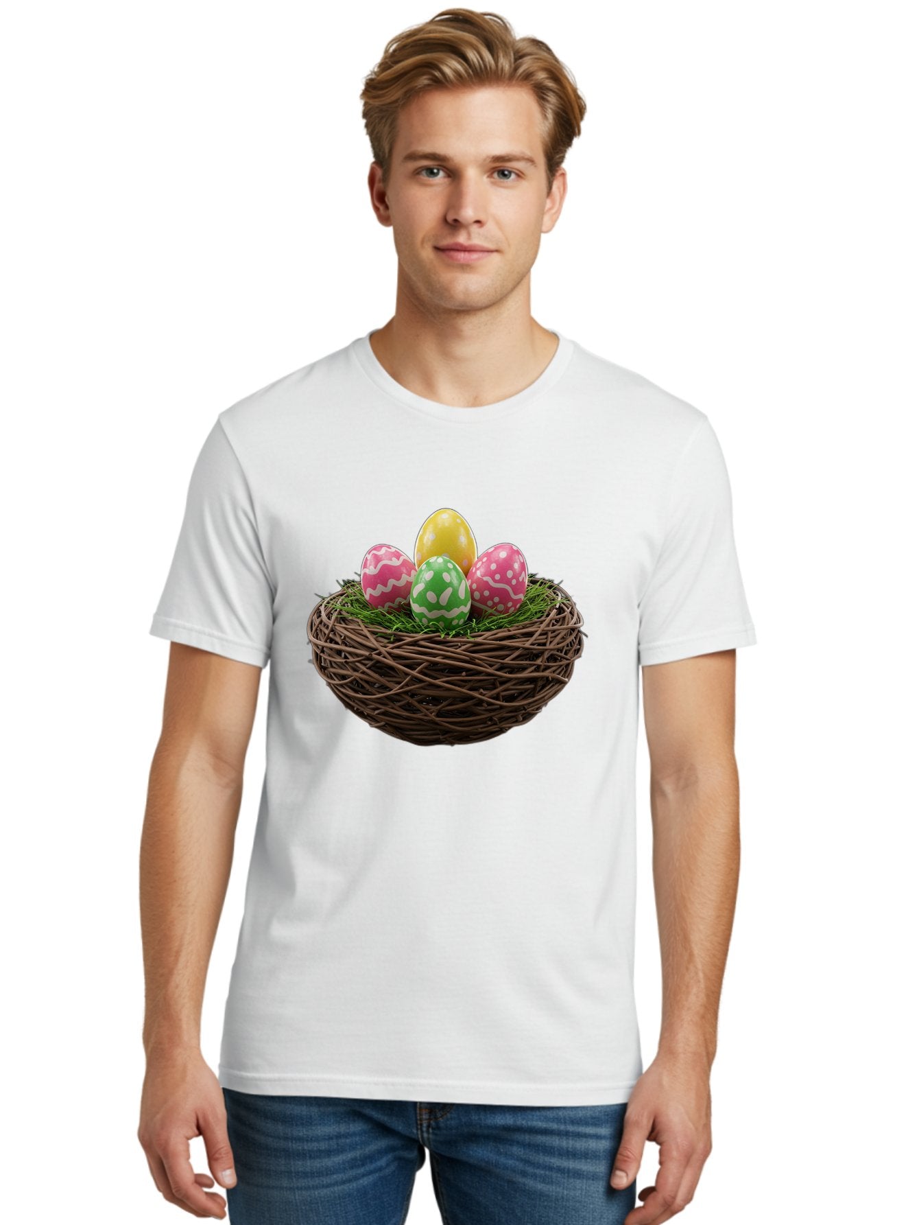 Easter-Eggs-10 Men'S Graphic Tee, 100% Cotton, Comfortable Casual Summer Wear, Machine Washable, Easter Eggs, Decorated Eggs, Wicker Nest, Springtime Decor, Holiday Celebration, Festive Colors, Pink, Green, And Yellow Eggs, Easter Tradition, Baa604 22