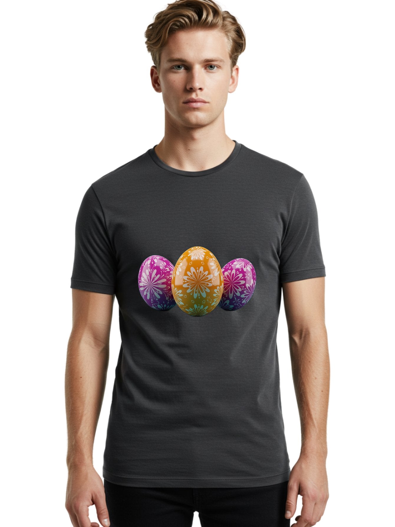 Easter-Eggs-11 Men'S Graphic Tee, 100% Cotton, Comfortable Casual Summer Wear, Machine Washable, Decorated Easter Eggs, Floral Patterns, Purple And Orange Eggs, Shiny Finish, Easter Celebration, Spring Decorations, Festive Eggs, Baa605 16