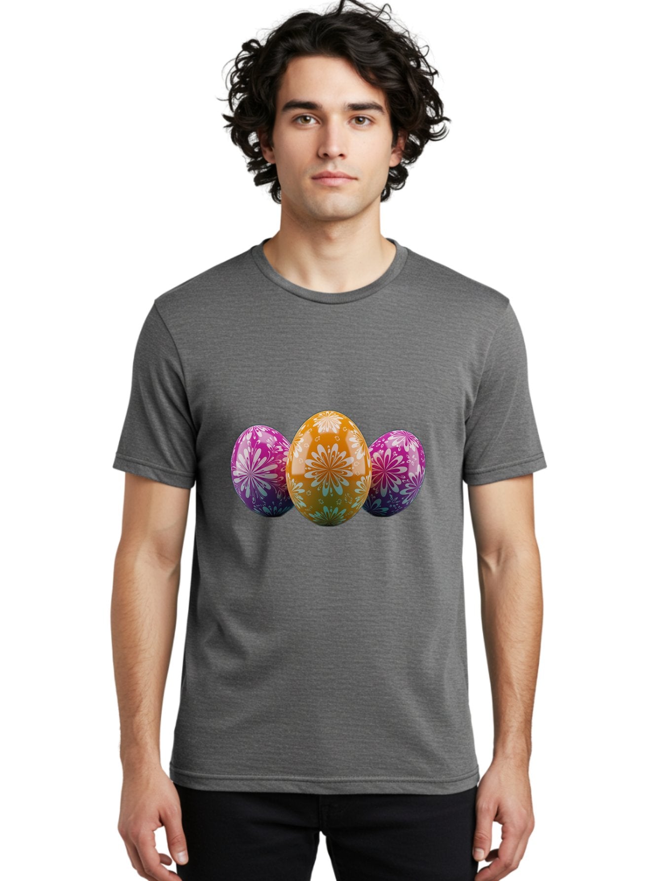 Easter-Eggs-11 Men'S Graphic Tee, 100% Cotton, Comfortable Casual Summer Wear, Machine Washable, Decorated Easter Eggs, Floral Patterns, Purple And Orange Eggs, Shiny Finish, Easter Celebration, Spring Decorations, Festive Eggs, Baa605 18