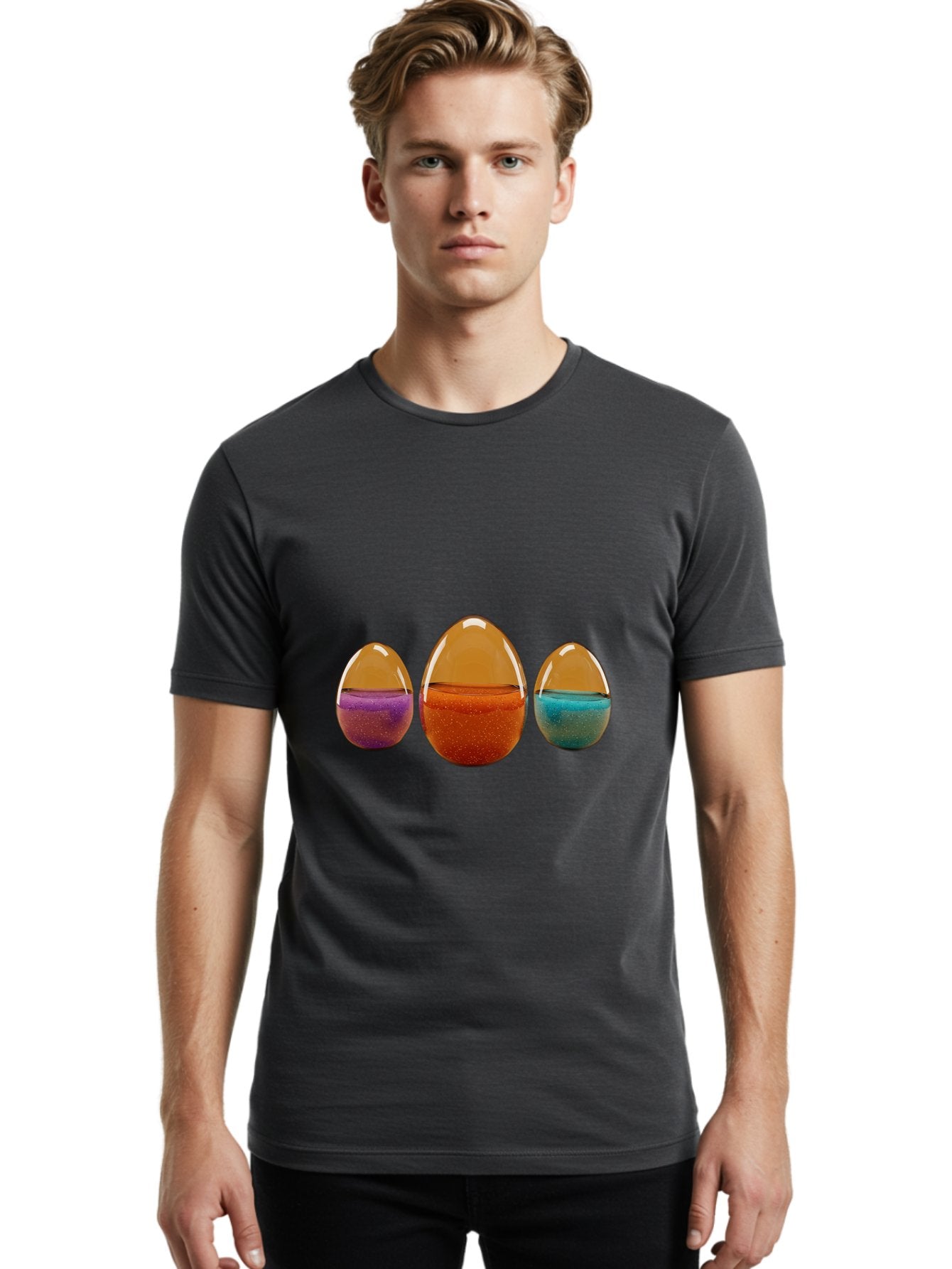 Easter-Eggs-12 Men'S Graphic Tee, 100% Cotton, Comfortable Casual Summer Wear, Machine Washable, Translucent Easter Eggs, Purple, Orange, Blue, Sparkly Contents, Festive Decorations, Spring Holiday, Colorful Eggs, Egg Decorations Baa606 23