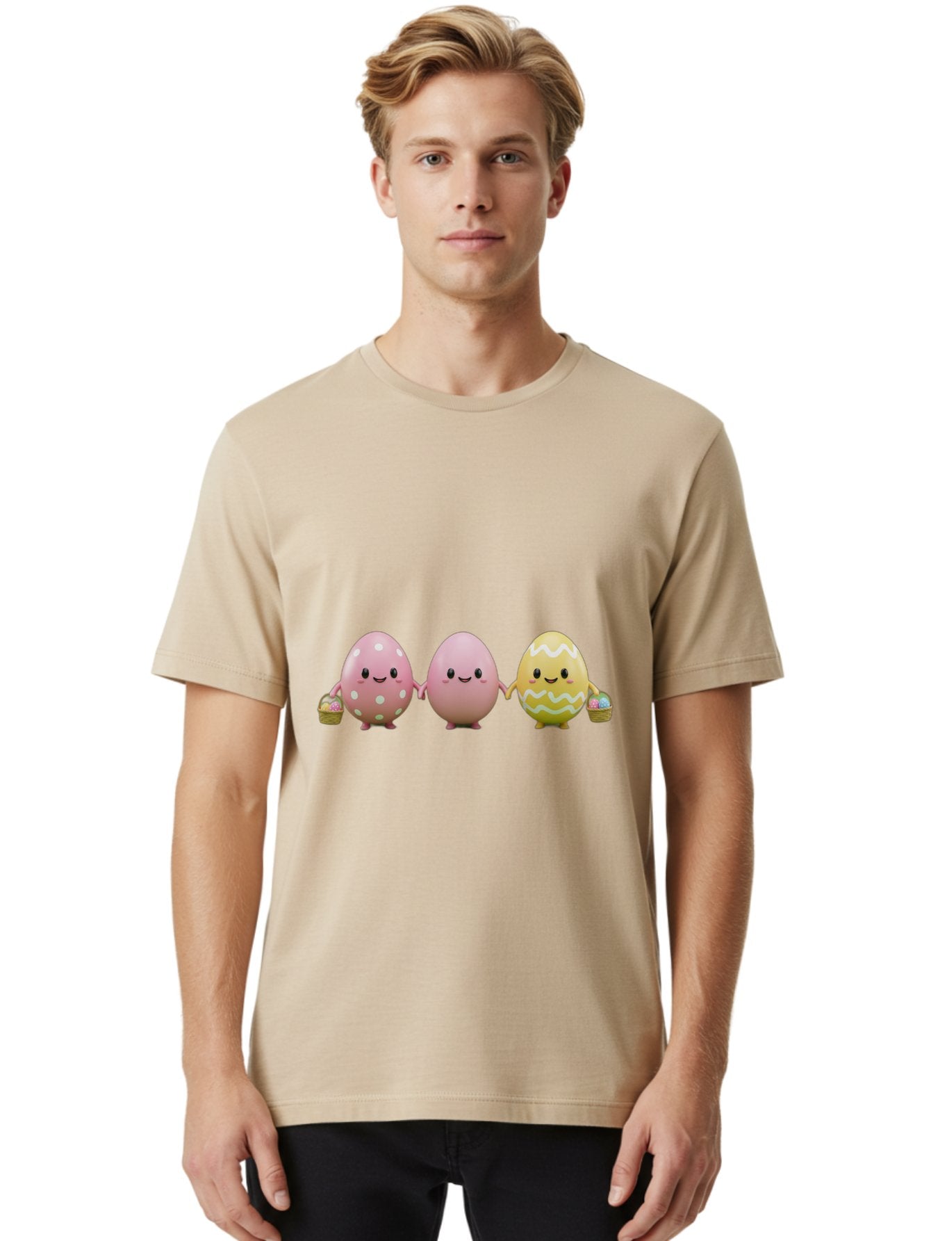 Easter-Eggs-3 Men'S Graphic Tee, 100% Cotton, Comfortable Casual Summer Wear, Machine Washable, Happy Easter Eggs, Smiling Faces, 3D Cartoon Eggs, Pastel Colors, Egg Decorations, Easter Basket, Festive Treats, Adorable Characters, Baa608 26