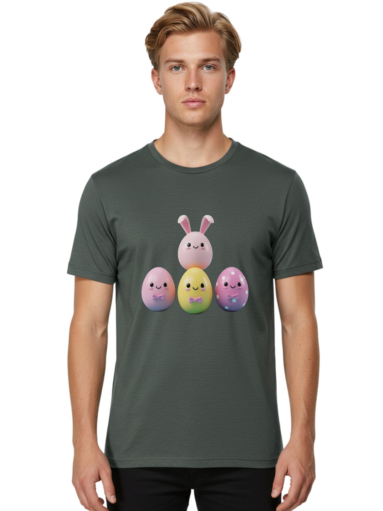 Easter-Eggs-5 Men'S Graphic Tee, 100% Cotton, Comfortable Casual Summer Wear, Machine Washable, Easter Eggs With Smiling Faces, Pastel Colors, Bow Ties, Bunny Ears, Festive Decor, Spring Theme, Cartoon Style, Adorable Characters, Happy Easter, Baa610 27