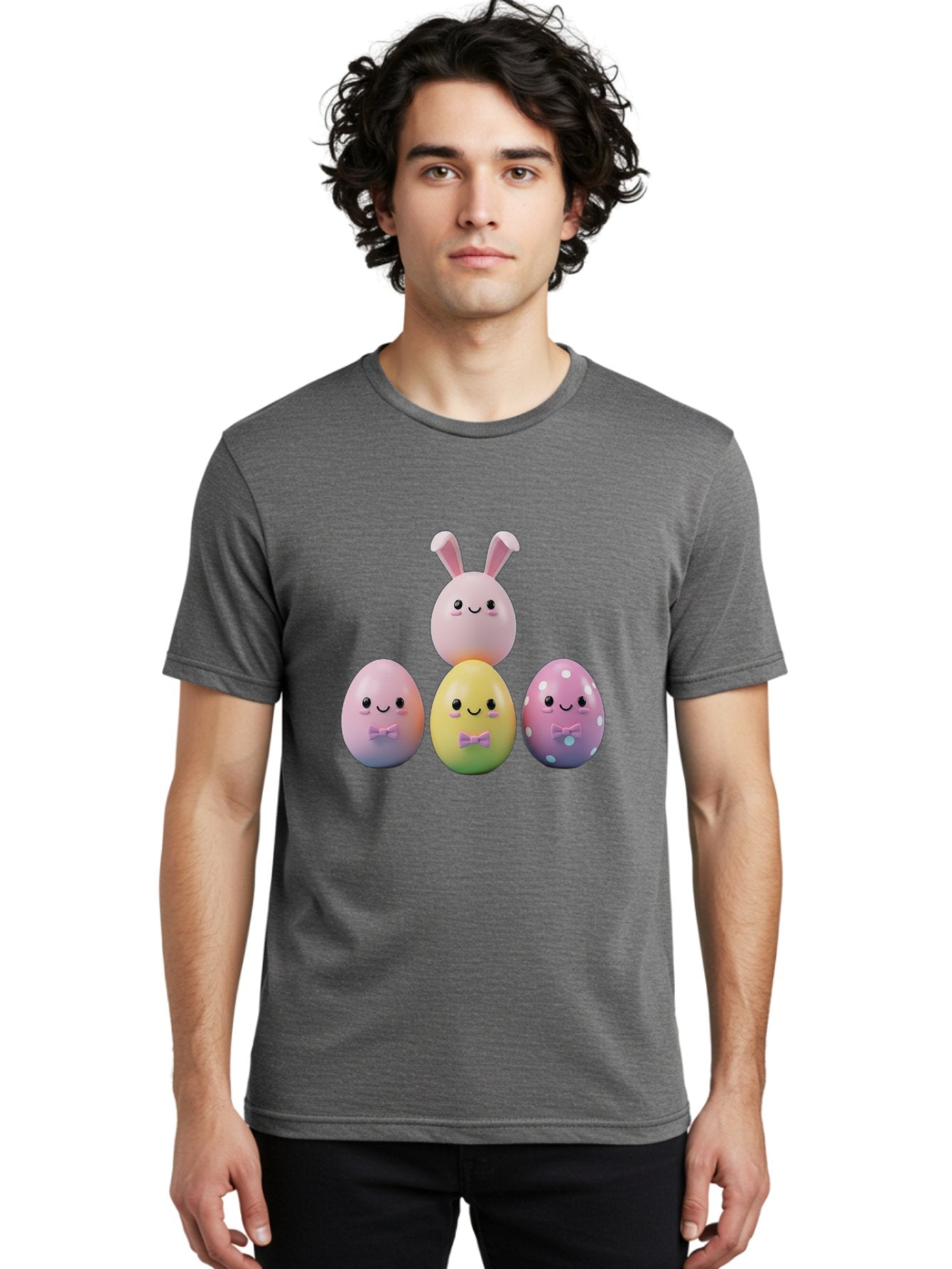 Easter-Eggs-5 Men'S Graphic Tee, 100% Cotton, Comfortable Casual Summer Wear, Machine Washable, Easter Eggs With Smiling Faces, Pastel Colors, Bow Ties, Bunny Ears, Festive Decor, Spring Theme, Cartoon Style, Adorable Characters, Happy Easter, Baa610 19