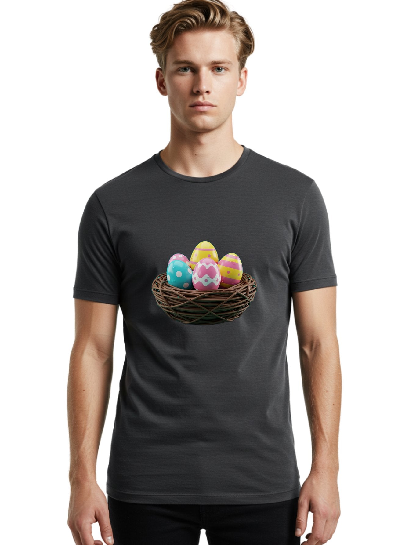 Easter-Eggs-8 Men'S Graphic Tee, 100% Cotton, Comfortable Casual Summer Wear, Machine Washable, Painted Easter Eggs, Wicker Basket, Festive Decorations, Spring Holiday, Colorful Eggs, Easter Celebration, Pastel Colors, Baa613 27