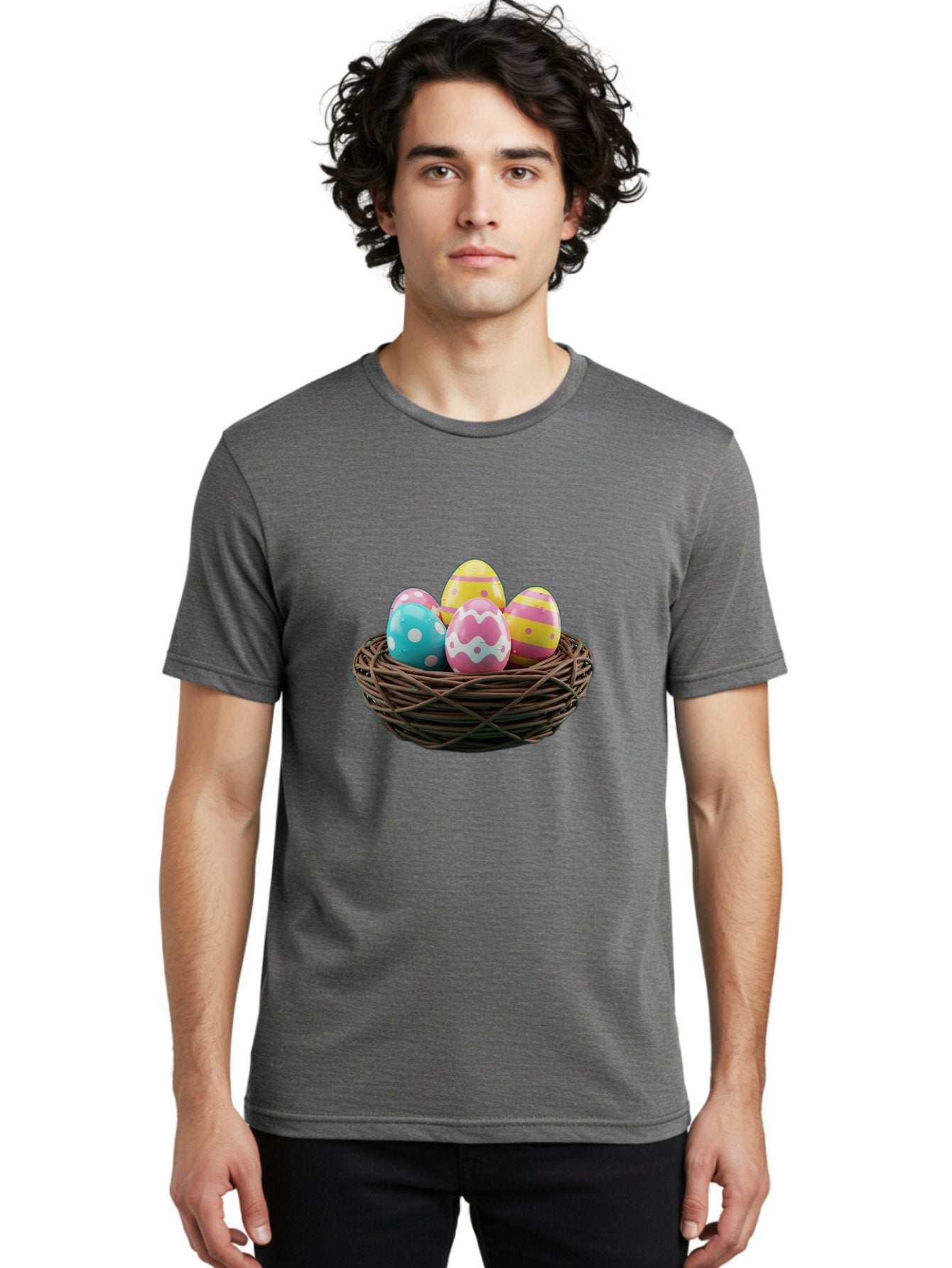 Easter-Eggs-8 Men'S Graphic Tee, 100% Cotton, Comfortable Casual Summer Wear, Machine Washable, Painted Easter Eggs, Wicker Basket, Festive Decorations, Spring Holiday, Colorful Eggs, Easter Celebration, Pastel Colors, Baa613 29
