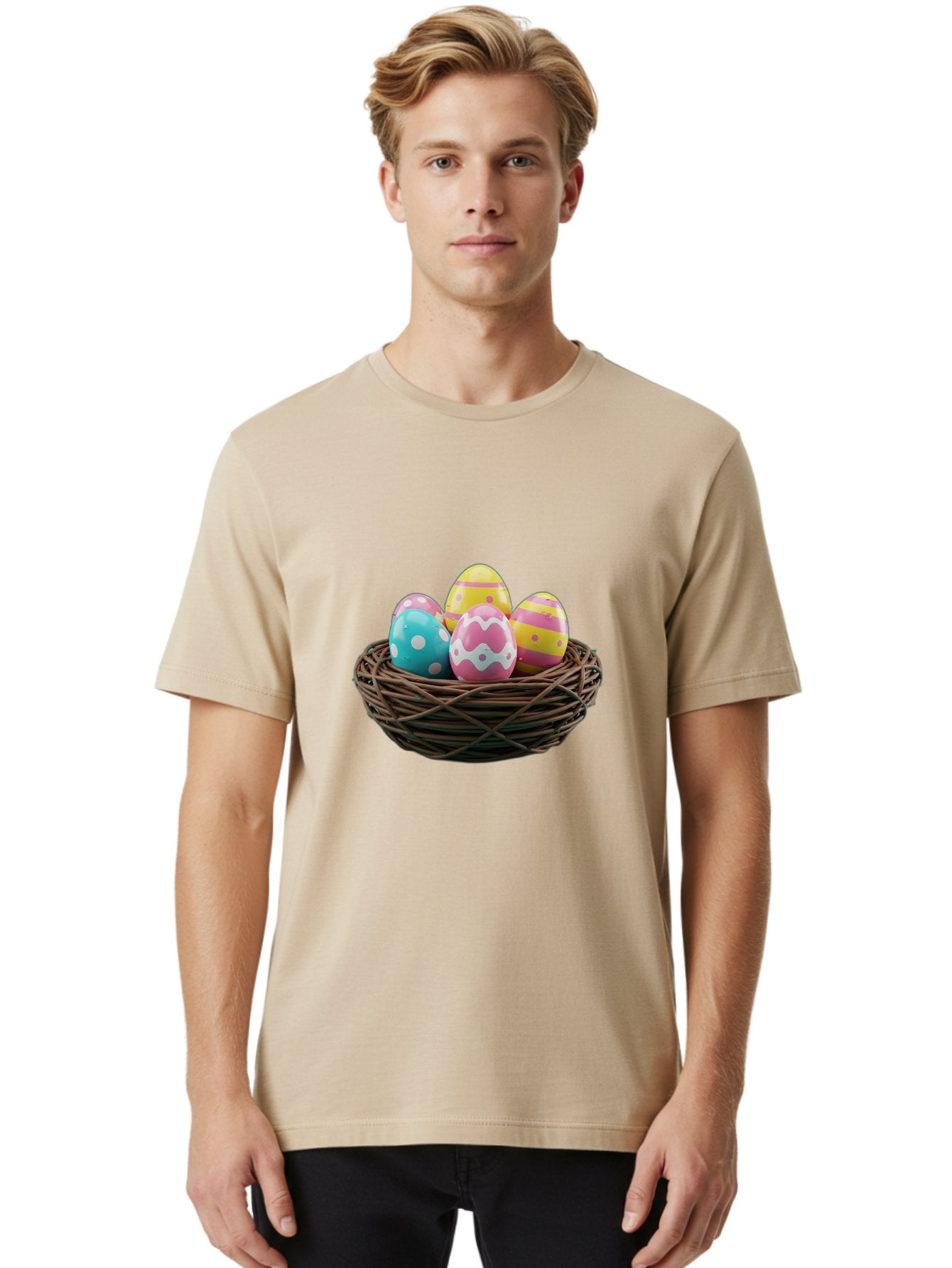 Easter-Eggs-8 Men'S Graphic Tee, 100% Cotton, Comfortable Casual Summer Wear, Machine Washable, Painted Easter Eggs, Wicker Basket, Festive Decorations, Spring Holiday, Colorful Eggs, Easter Celebration, Pastel Colors, Baa613 30