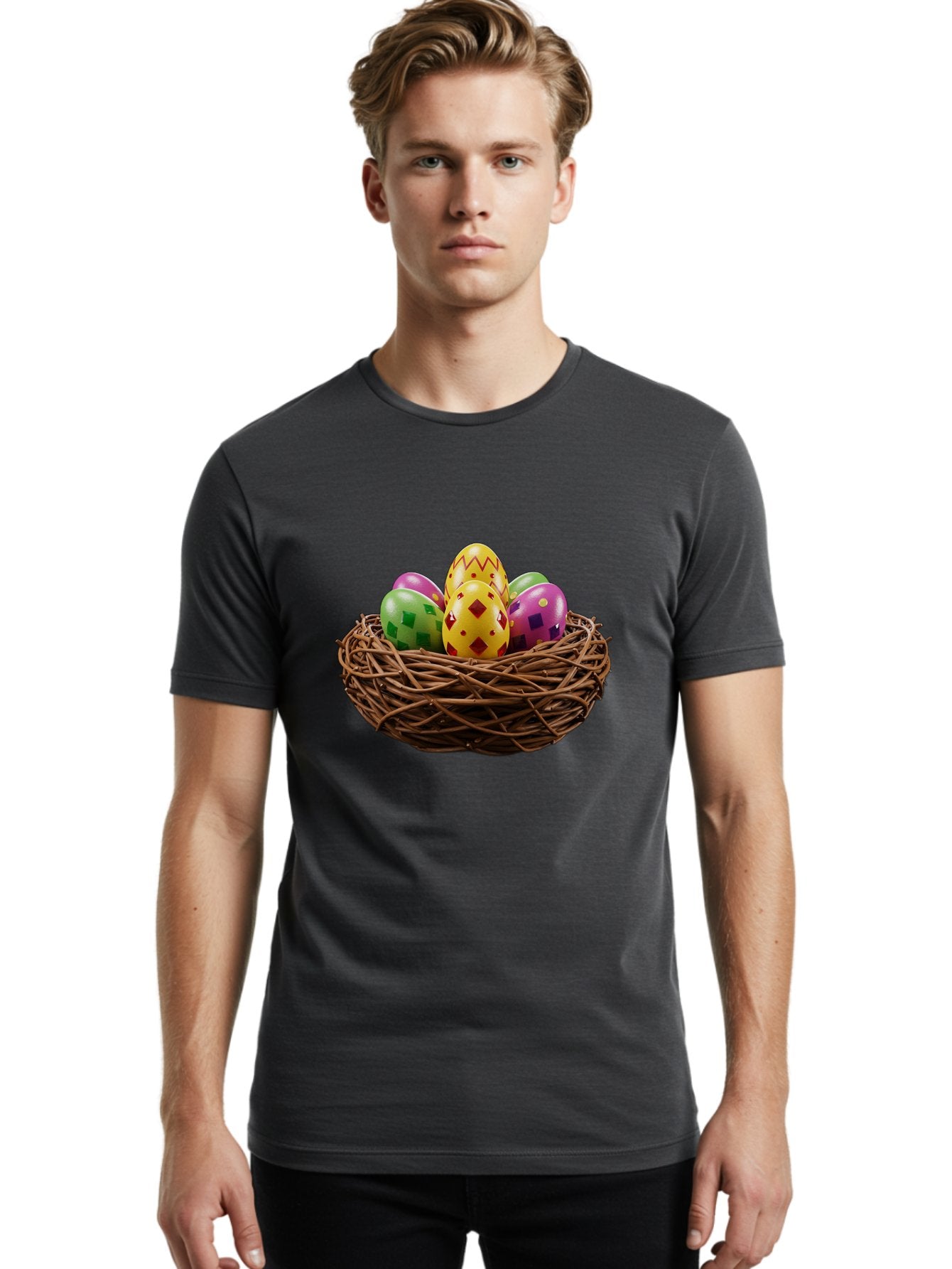 Easter-Eggs-9 Men'S Graphic Tee, 100% Cotton, Comfortable Casual Summer Wear, Machine Washable, Easter Eggs, Colorful Patterns, Diamond Shapes, Checkered Designs, Festive Decorations, Spring Holiday, Colorful Eggs, Decorative Nest Baa614 18