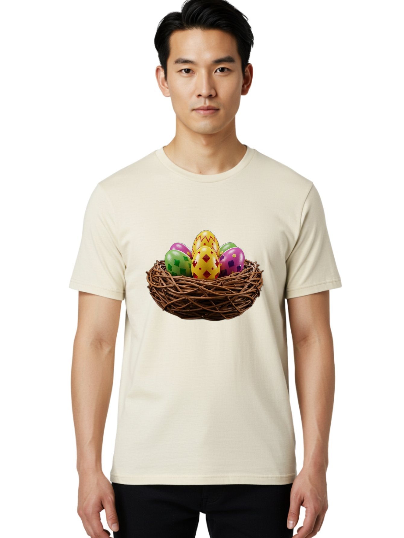 Easter-Eggs-9 Men'S Graphic Tee, 100% Cotton, Comfortable Casual Summer Wear, Machine Washable, Easter Eggs, Colorful Patterns, Diamond Shapes, Checkered Designs, Festive Decorations, Spring Holiday, Colorful Eggs, Decorative Nest Baa614 26