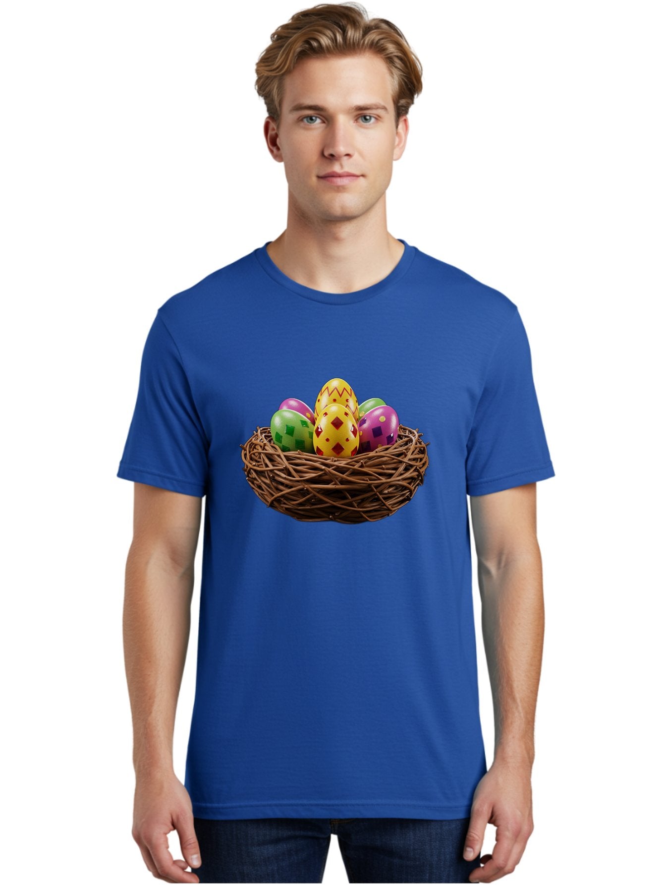 Easter-Eggs-9 Men'S Graphic Tee, 100% Cotton, Comfortable Casual Summer Wear, Machine Washable, Easter Eggs, Colorful Patterns, Diamond Shapes, Checkered Designs, Festive Decorations, Spring Holiday, Colorful Eggs, Decorative Nest Baa614 25