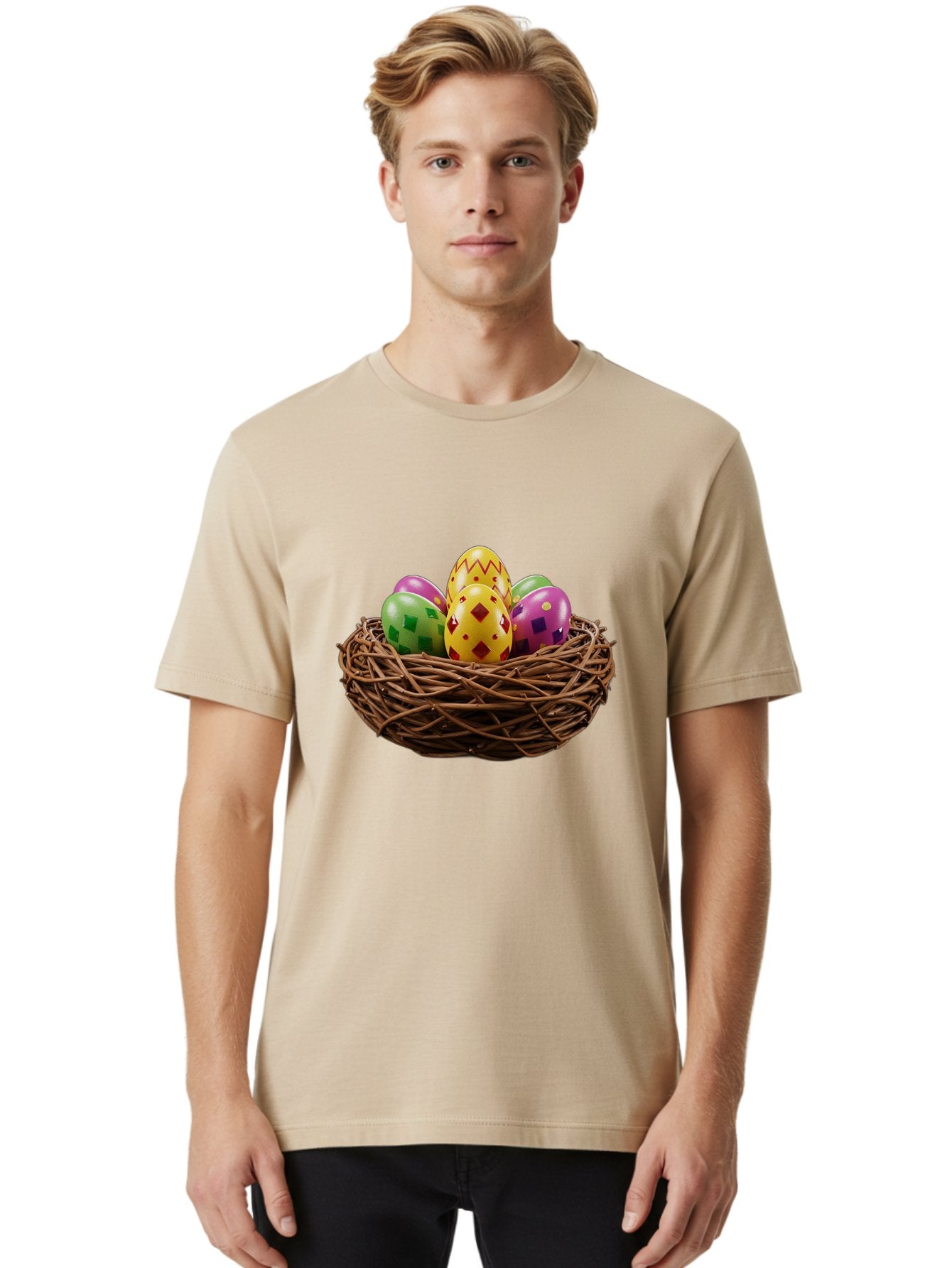Easter-Eggs-9 Men'S Graphic Tee, 100% Cotton, Comfortable Casual Summer Wear, Machine Washable, Easter Eggs, Colorful Patterns, Diamond Shapes, Checkered Designs, Festive Decorations, Spring Holiday, Colorful Eggs, Decorative Nest Baa614 28