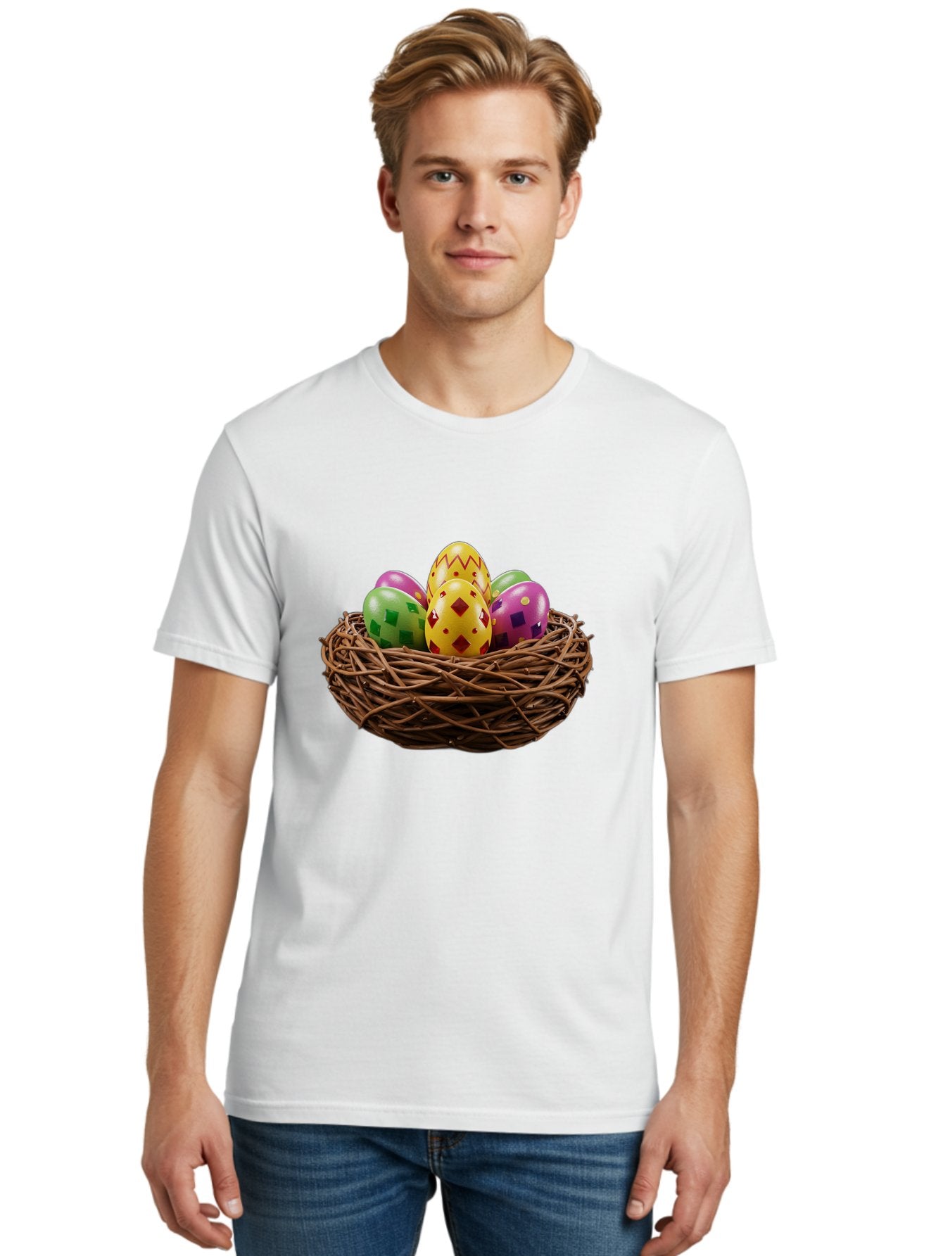 Easter-Eggs-9 Men'S Graphic Tee, 100% Cotton, Comfortable Casual Summer Wear, Machine Washable, Easter Eggs, Colorful Patterns, Diamond Shapes, Checkered Designs, Festive Decorations, Spring Holiday, Colorful Eggs, Decorative Nest Baa614 17