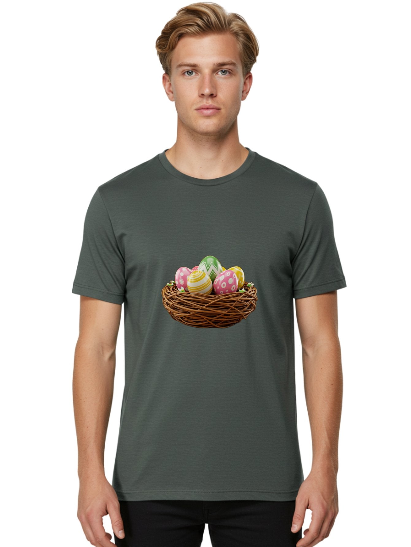Easter-Eggs-In-Basket-1 Men'S Graphic Tee, 100% Cotton, Comfortable Casual Summer Wear, Machine Washable, Easter Eggs In A Nest, Decorative Eggs, Spring Holiday, Twig Nest, Colorful Eggs, Easter Decorations, Festive Easter Eggs, Egg Hunt, Baa615 29