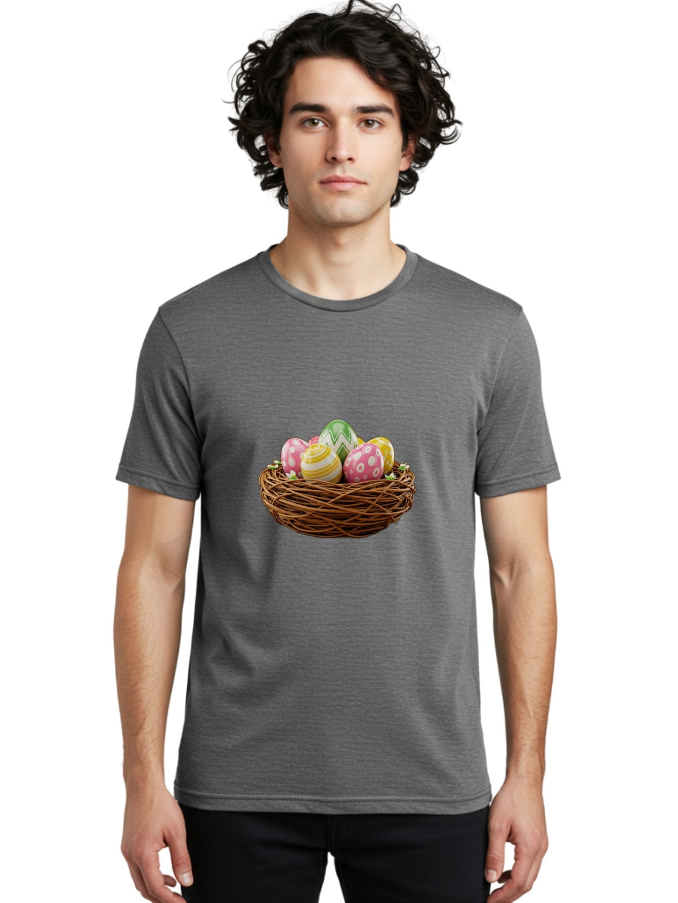 Easter-Eggs-In-Basket-1 Men'S Graphic Tee, 100% Cotton, Comfortable Casual Summer Wear, Machine Washable, Easter Eggs In A Nest, Decorative Eggs, Spring Holiday, Twig Nest, Colorful Eggs, Easter Decorations, Festive Easter Eggs, Egg Hunt, Baa615 21