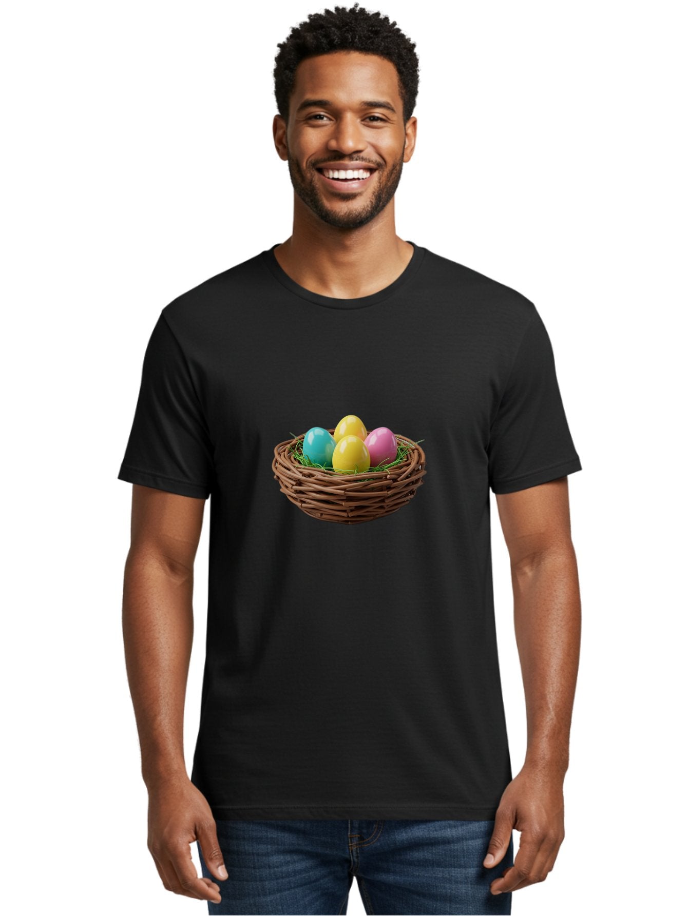 Easter-Eggs-In-Basket Men'S Graphic Tee, 100% Cotton, Comfortable Casual Summer Wear, Machine Washable, Colorful Easter Eggs, Easter Basket, Springtime Decorations, Wicker Basket, Blue Egg, Yellow Eggs, Pink Egg, Festive Colors, Baa616 27